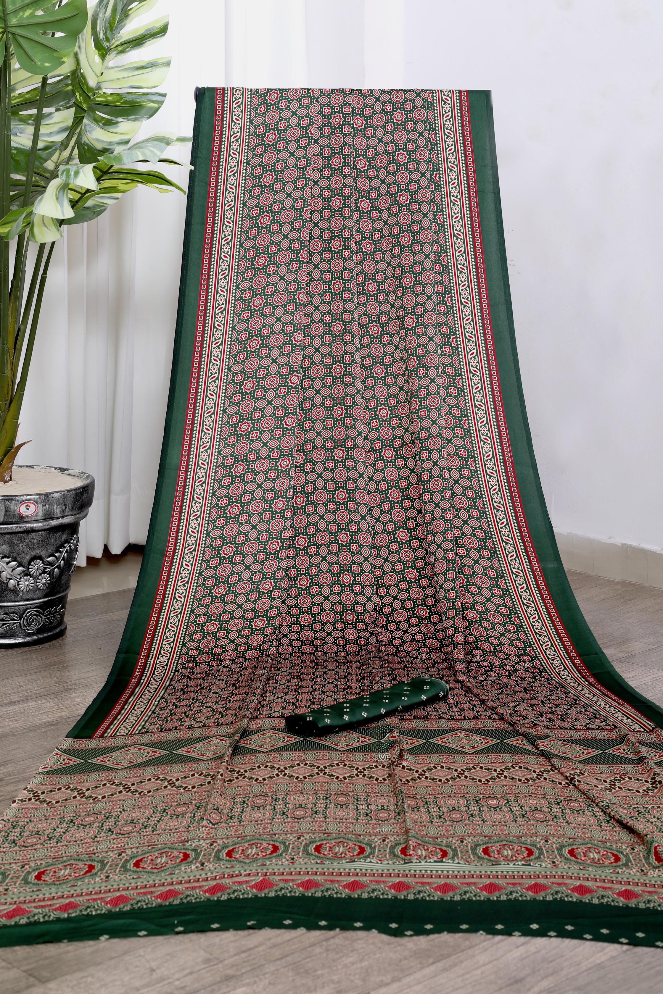 Green Ajrakh Printed Soft Modal Silk Natural Print Saree P1-1