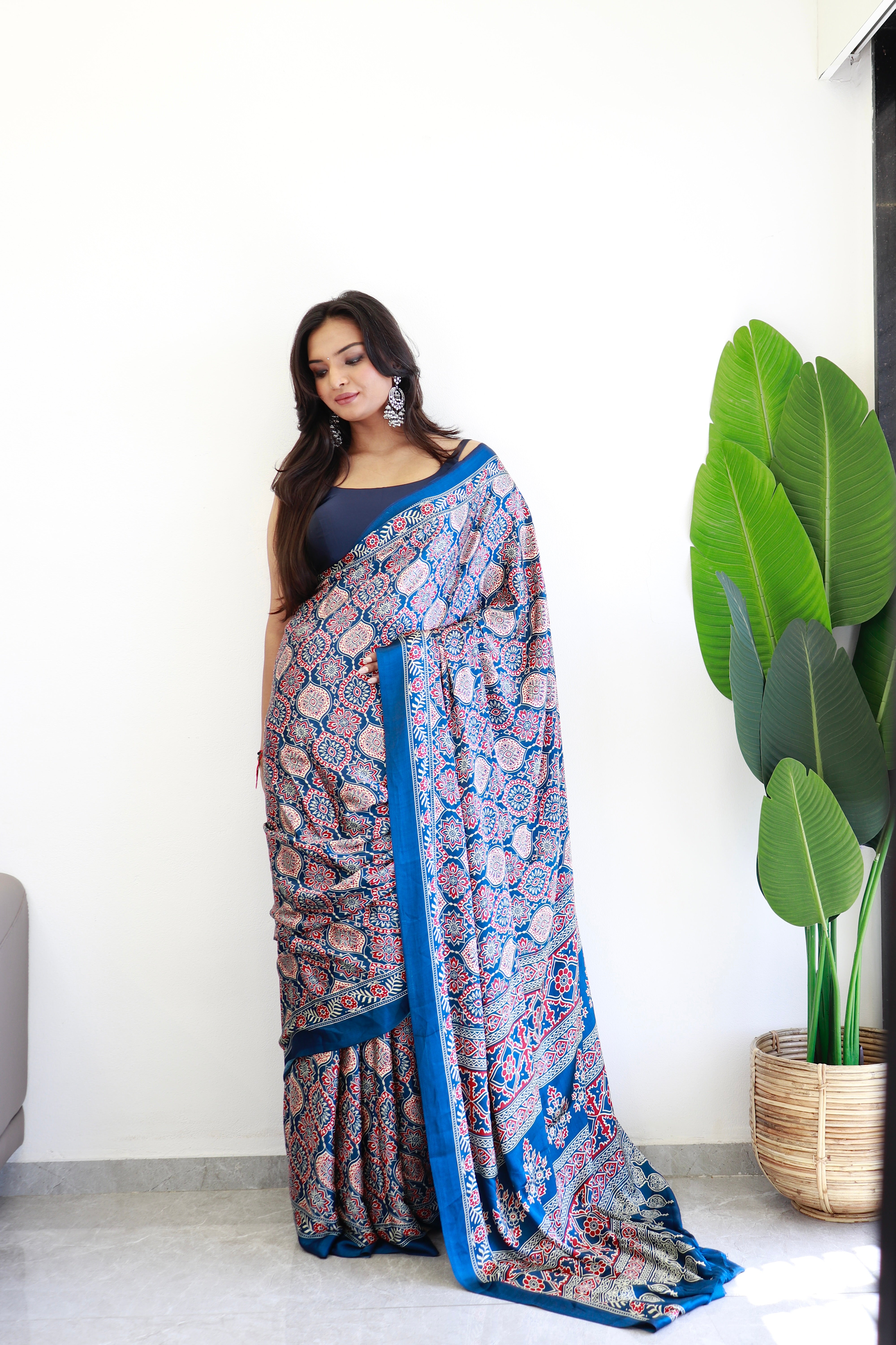 Indigo Ajrakh Printed Soft Modal Silk Natural Print Saree P2