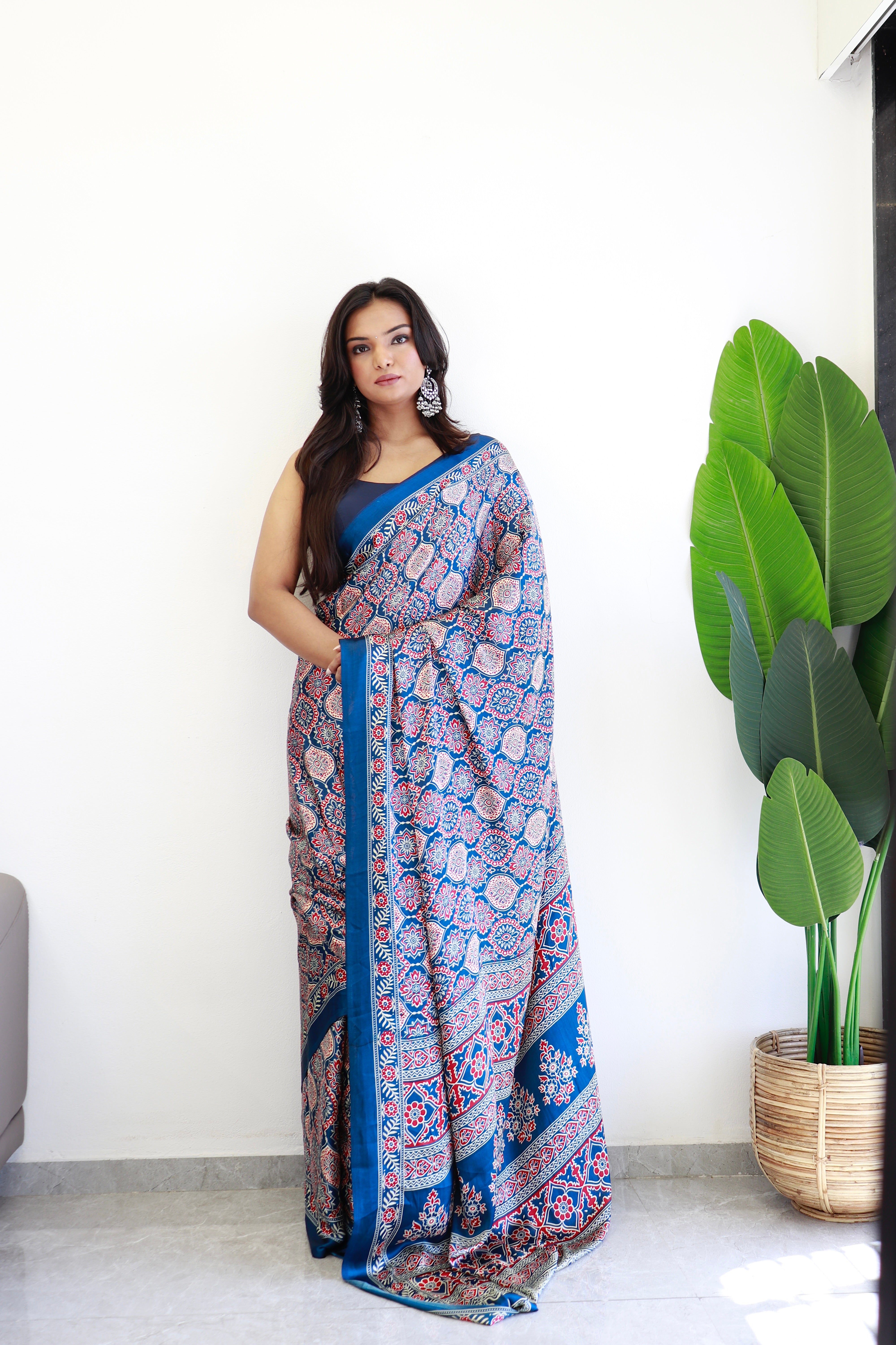 Indigo Ajrakh Printed Soft Modal Silk Natural Print Saree P2