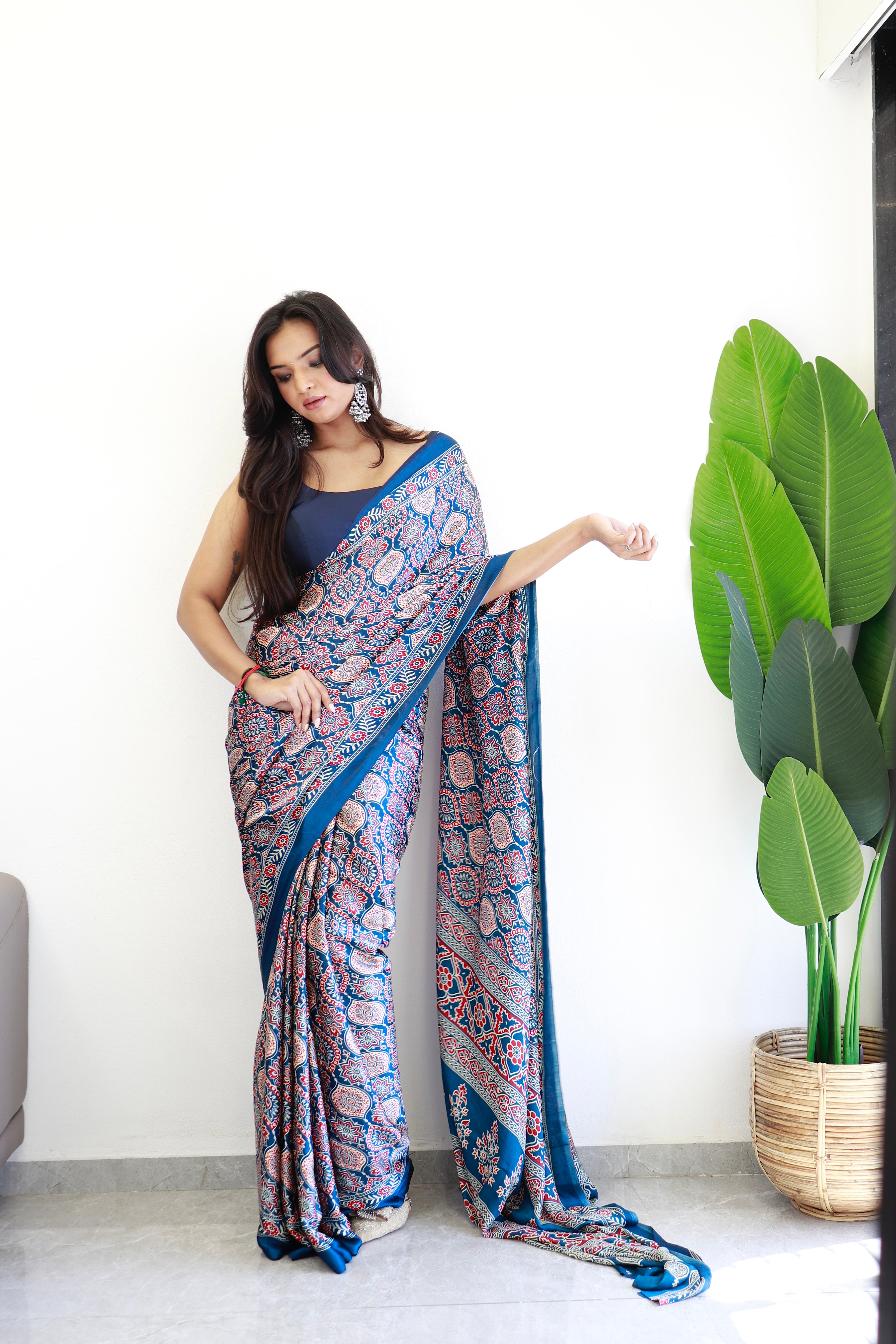 Indigo Ajrakh Printed Soft Modal Silk Natural Print Saree P2