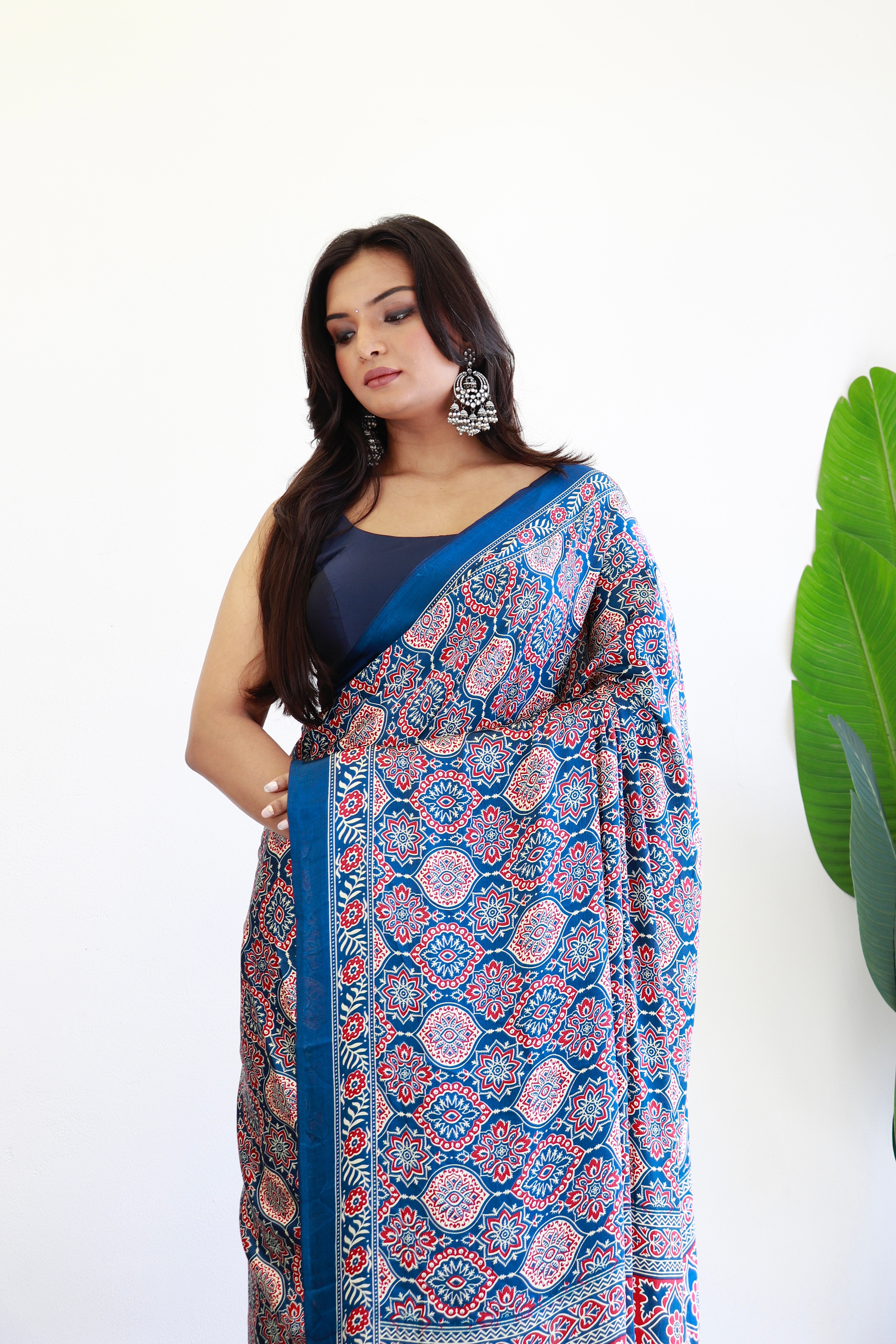 Indigo Ajrakh Printed Soft Modal Silk Natural Print Saree P2