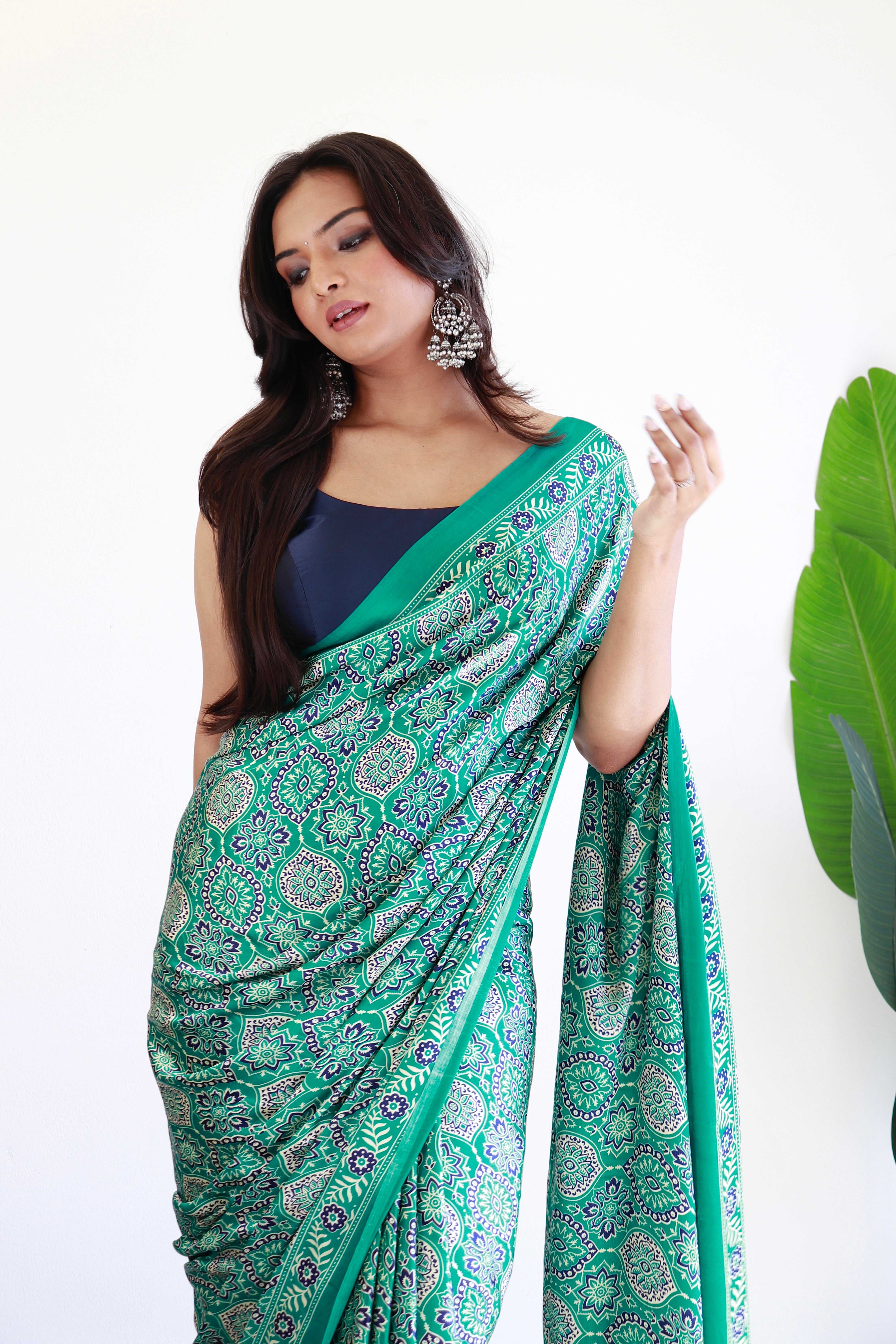 Sea Green Ajrakh Printed Soft Modal Silk Natural Print Saree P2