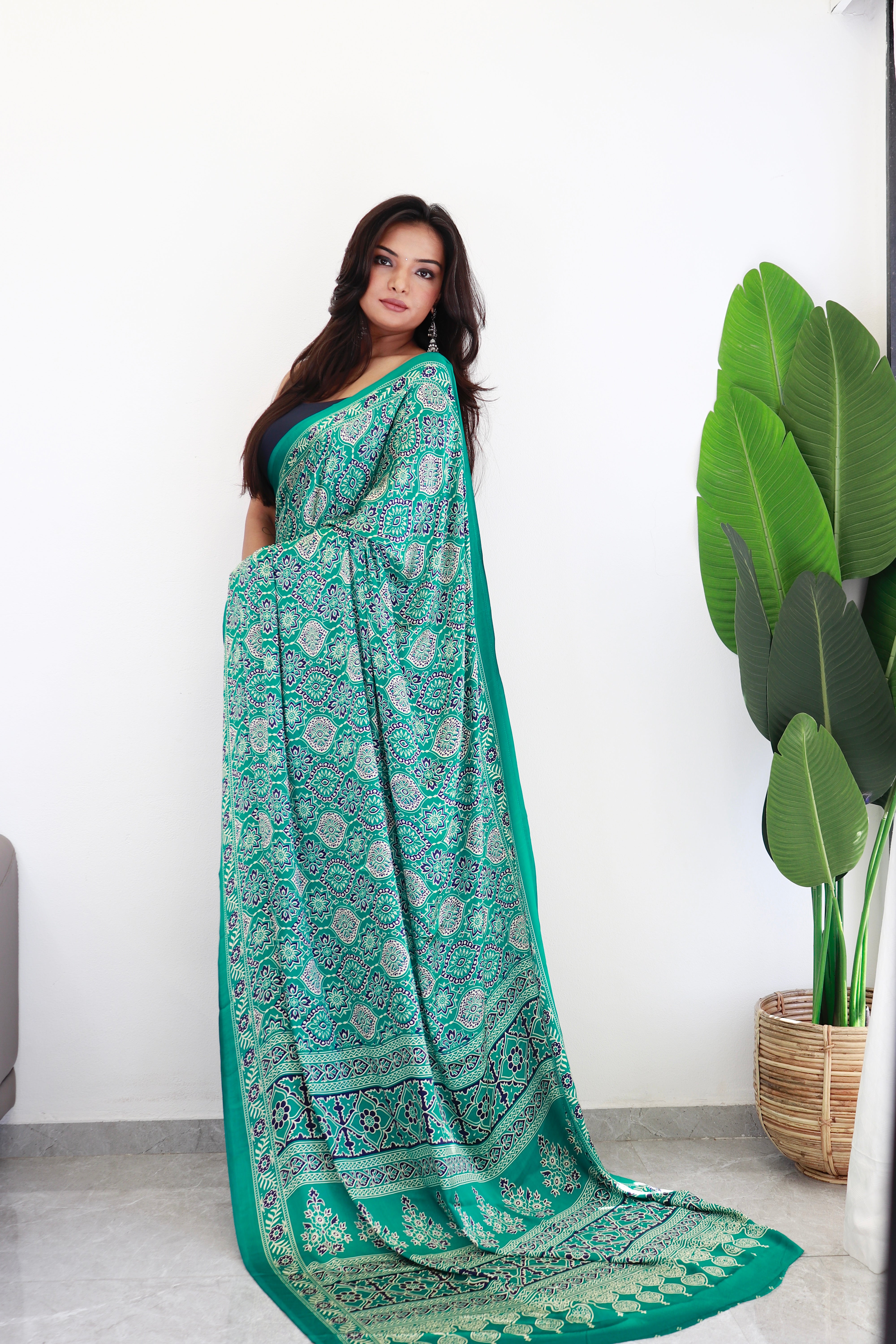 Sea Green Ajrakh Printed Soft Modal Silk Natural Print Saree P2