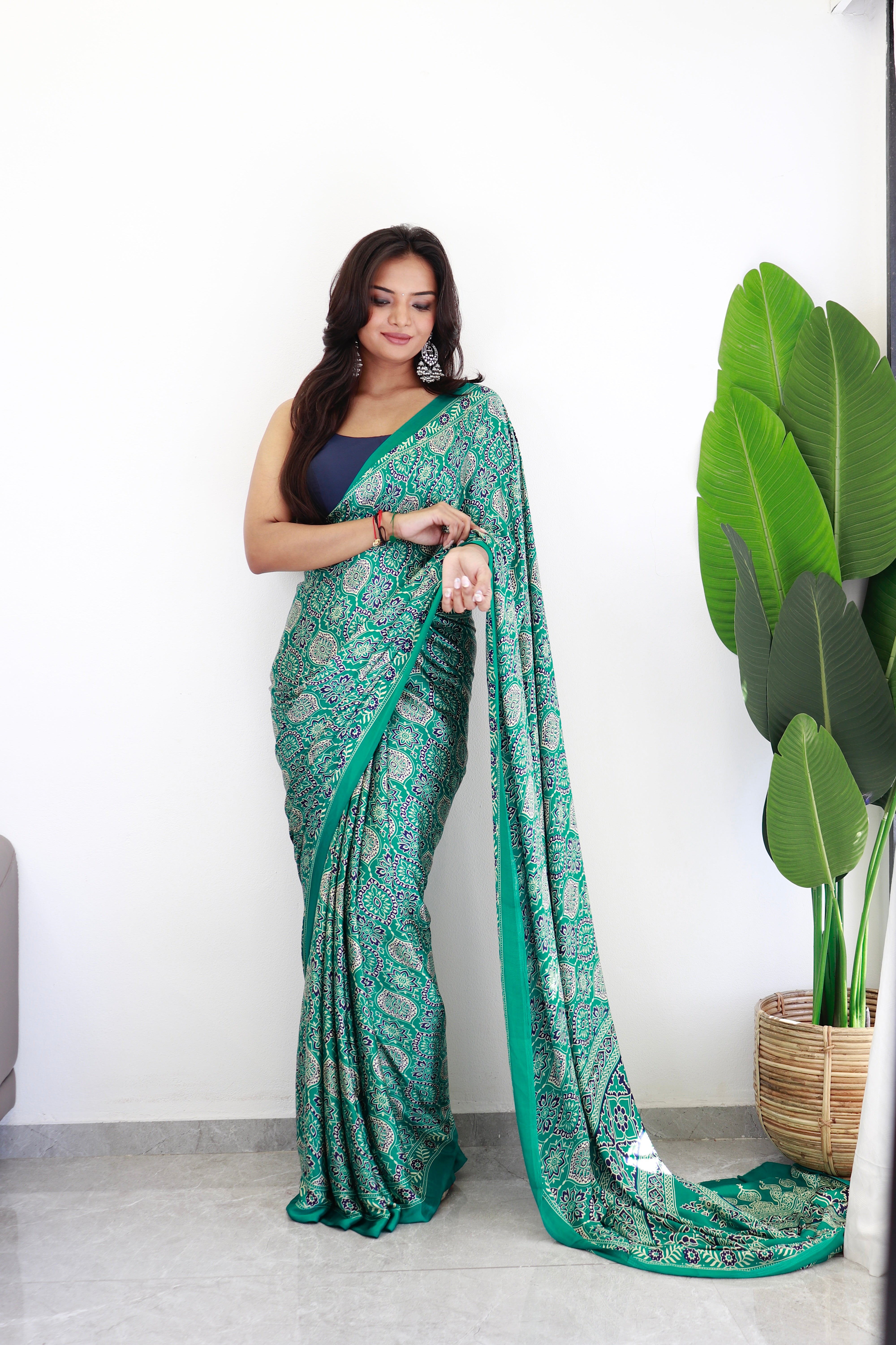 Sea Green Ajrakh Printed Soft Modal Silk Natural Print Saree P2