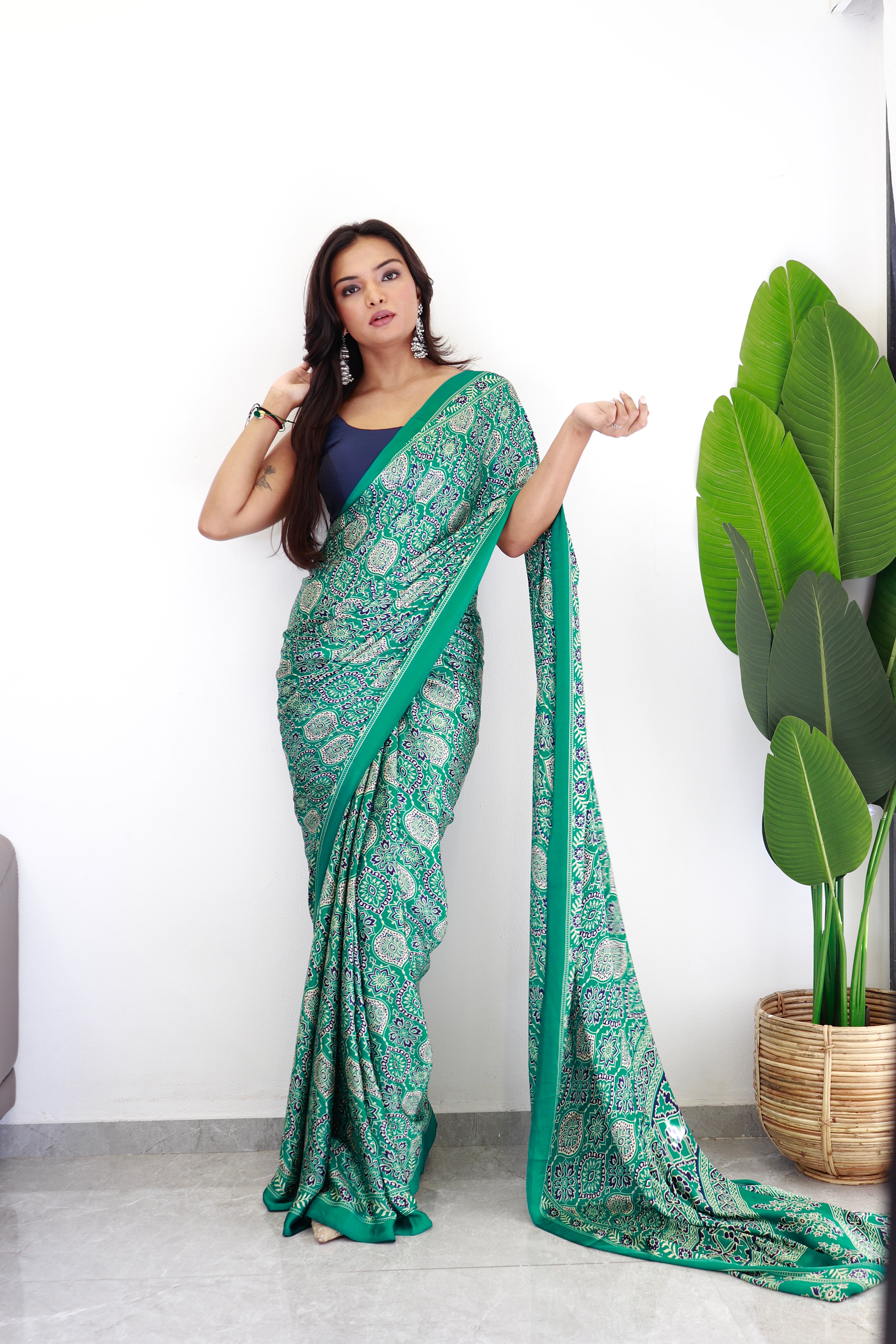 Sea Green Ajrakh Printed Soft Modal Silk Natural Print Saree P2