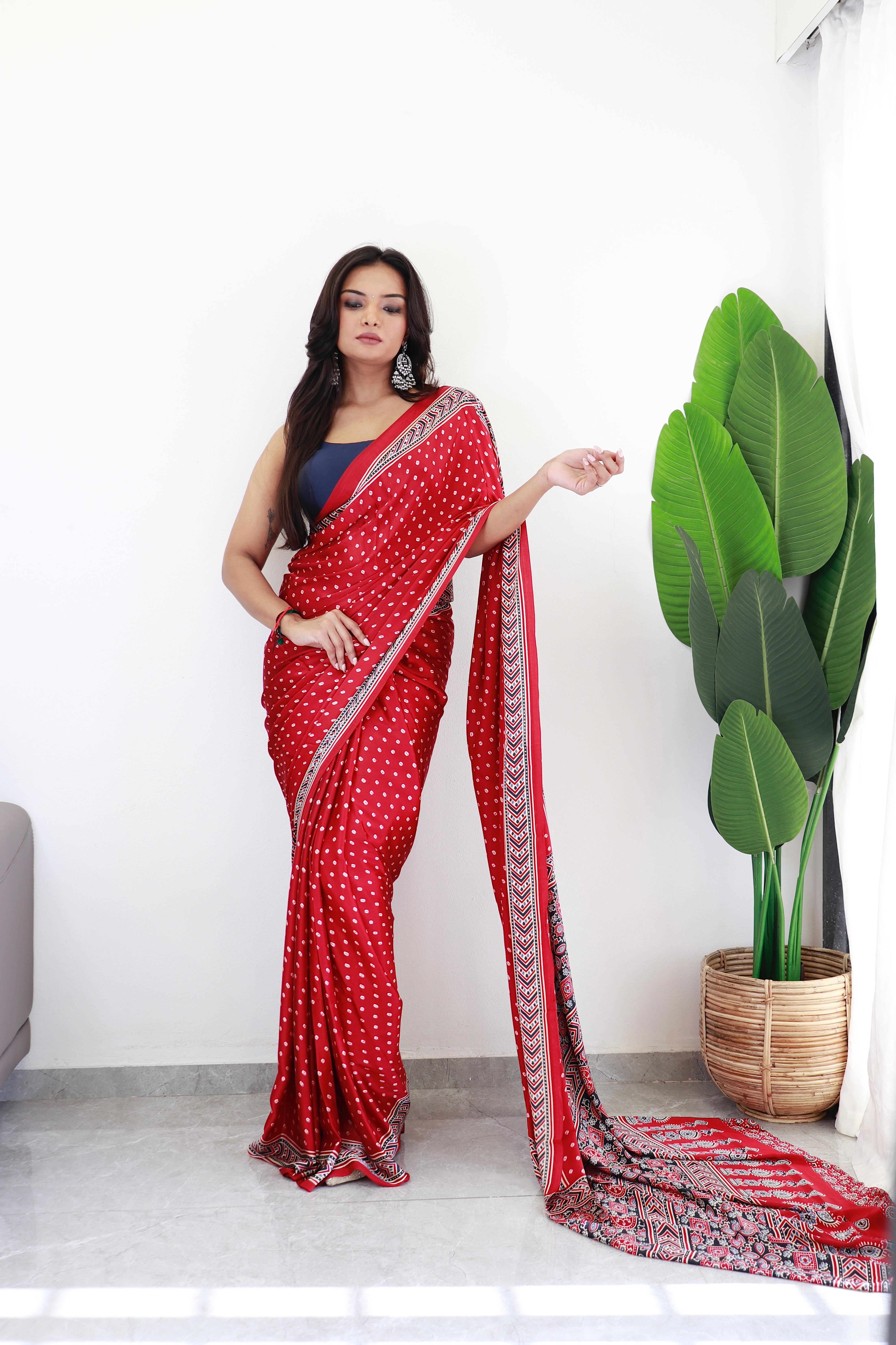 Maroon Bandhani With Ajrakh Printed Soft Modal Silk Natural Print Saree P3-3