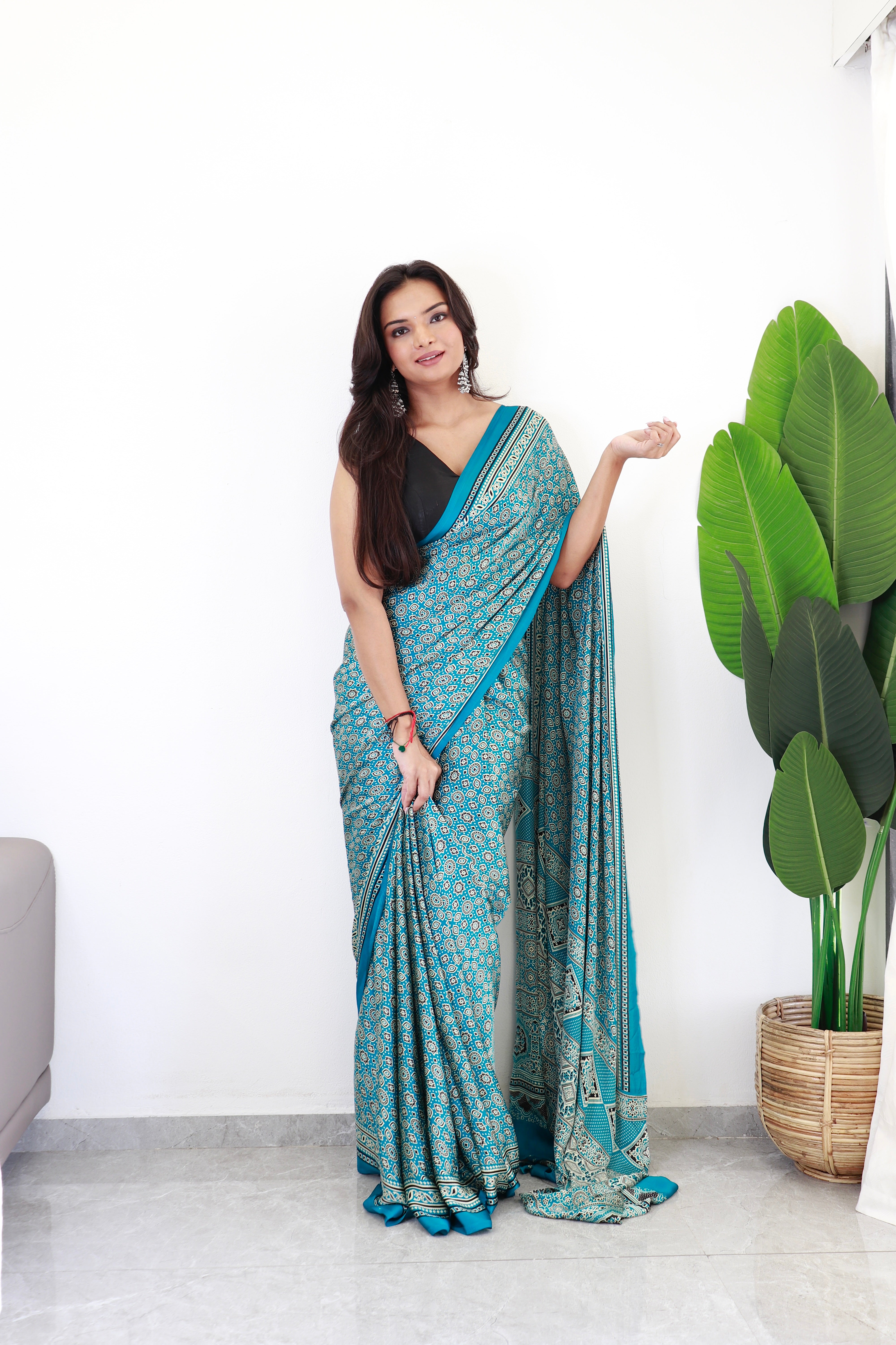 Rama Ajrakh Printed Soft Modal Silk Natural Print Saree P1