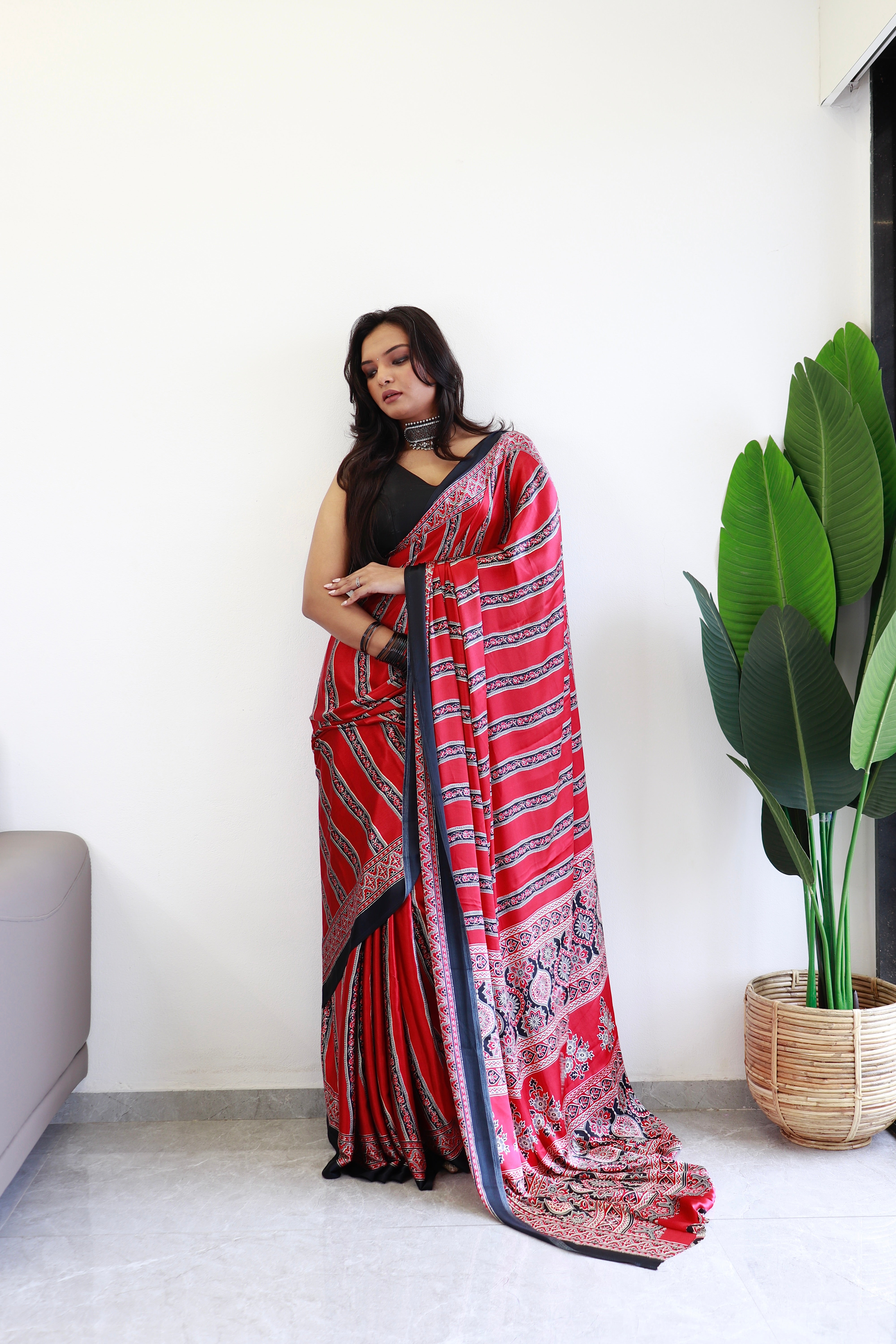 Black And Maroon Ajrakh Printed Soft Modal Silk Natural Print Saree P4-1