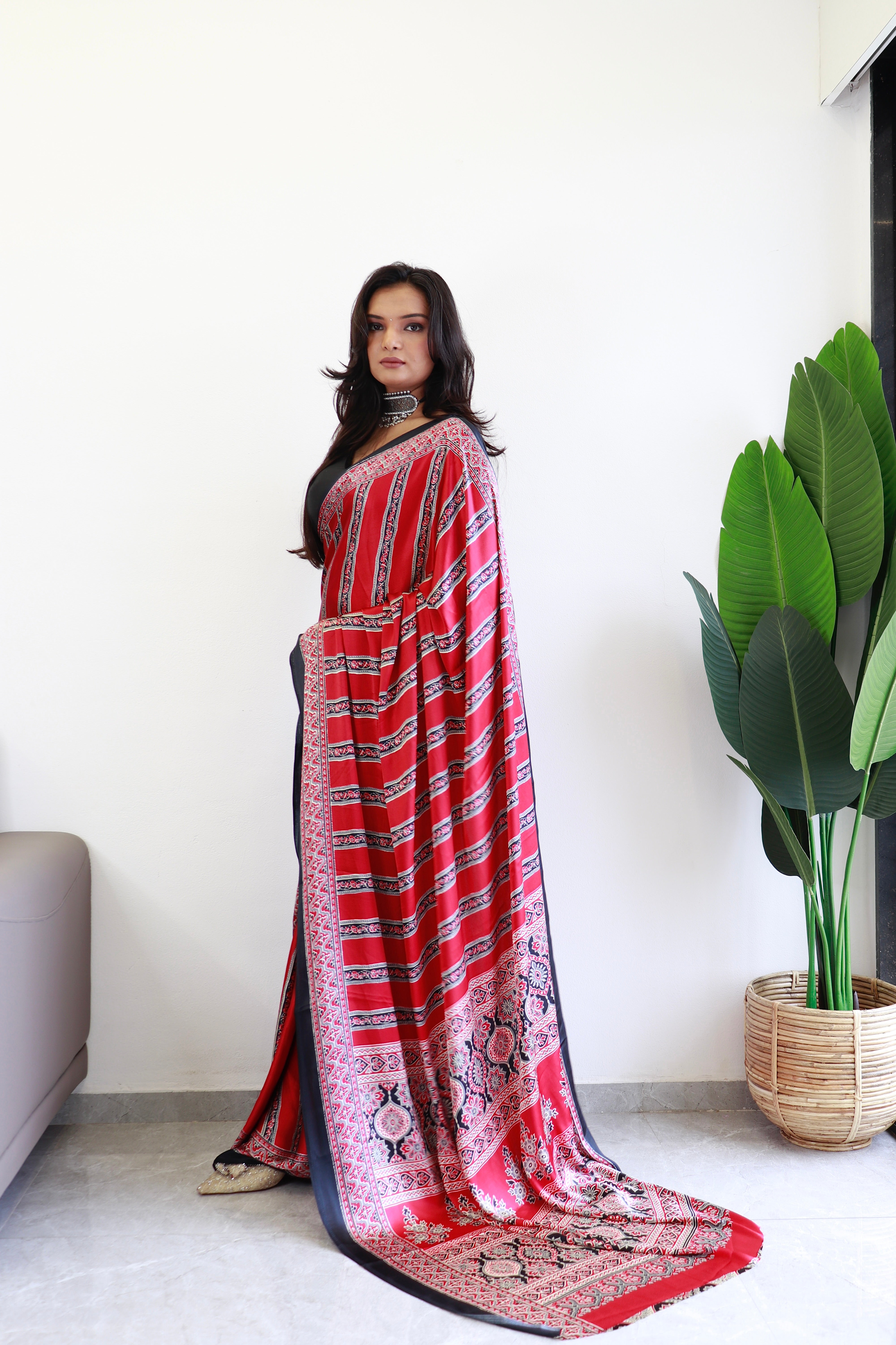 Black And Maroon Ajrakh Printed Soft Modal Silk Natural Print Saree P4-1