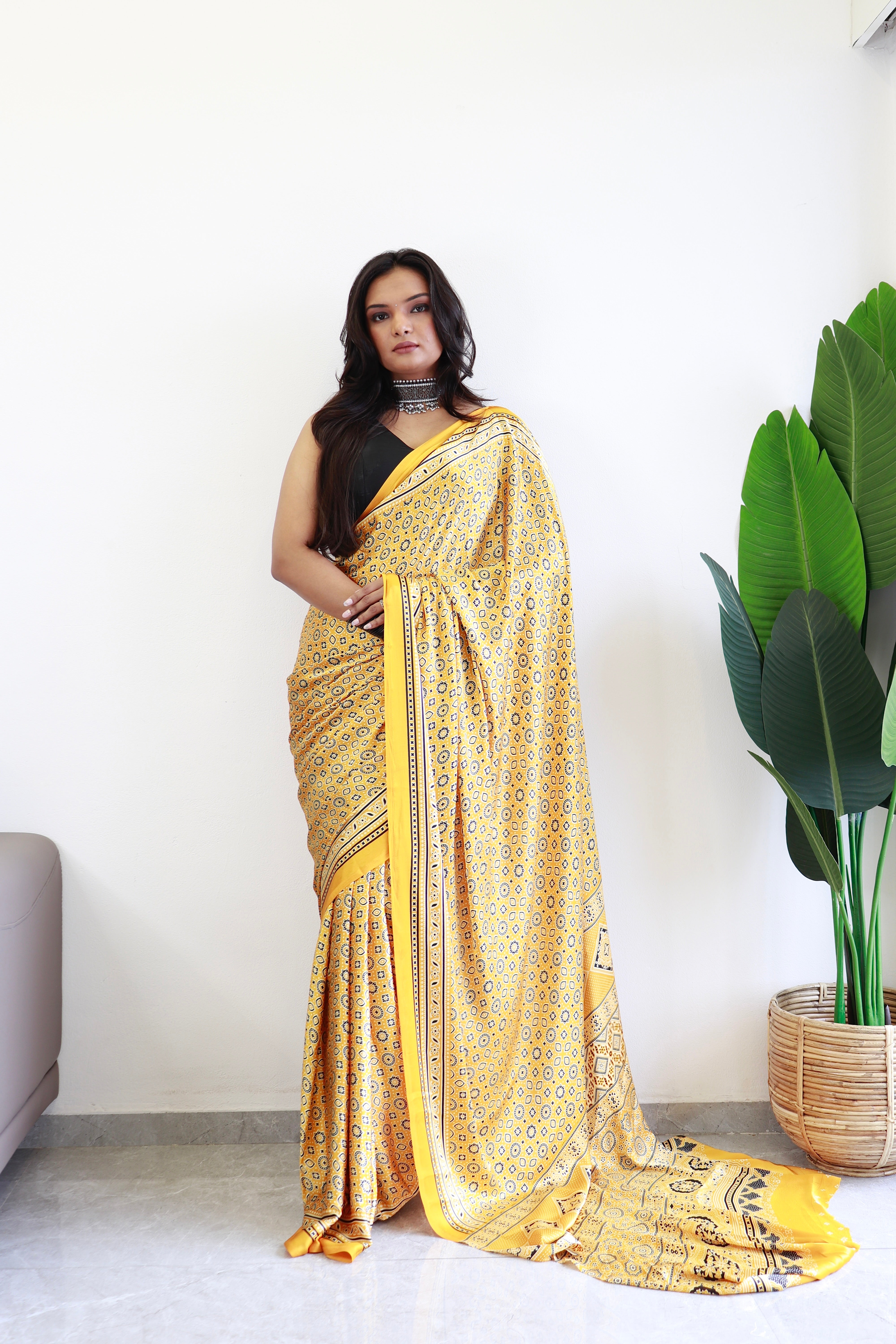 Yellow Ajrakh Printed Soft Modal Silk Natural Print Saree P1