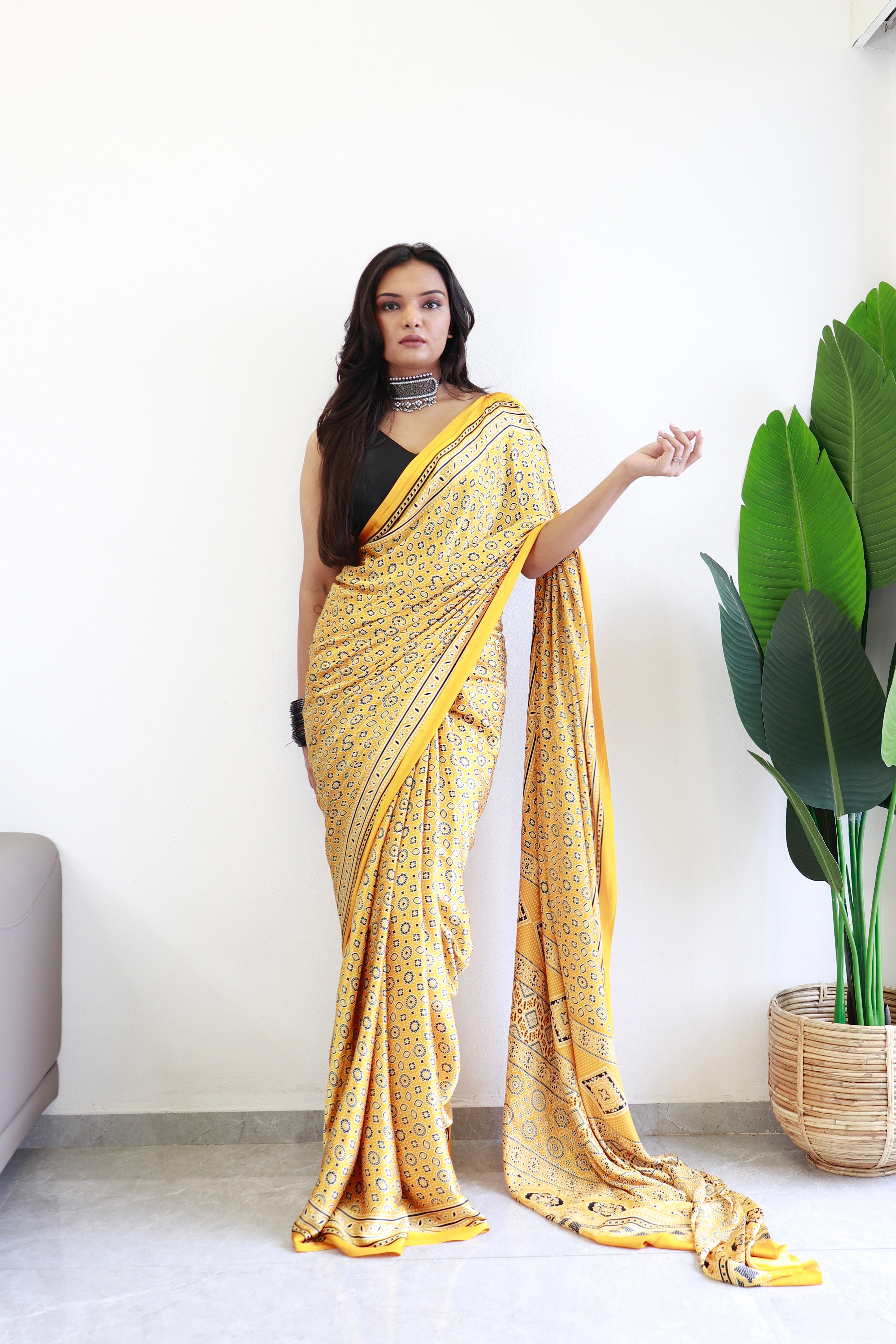 Yellow Ajrakh Printed Soft Modal Silk Natural Print Saree P1