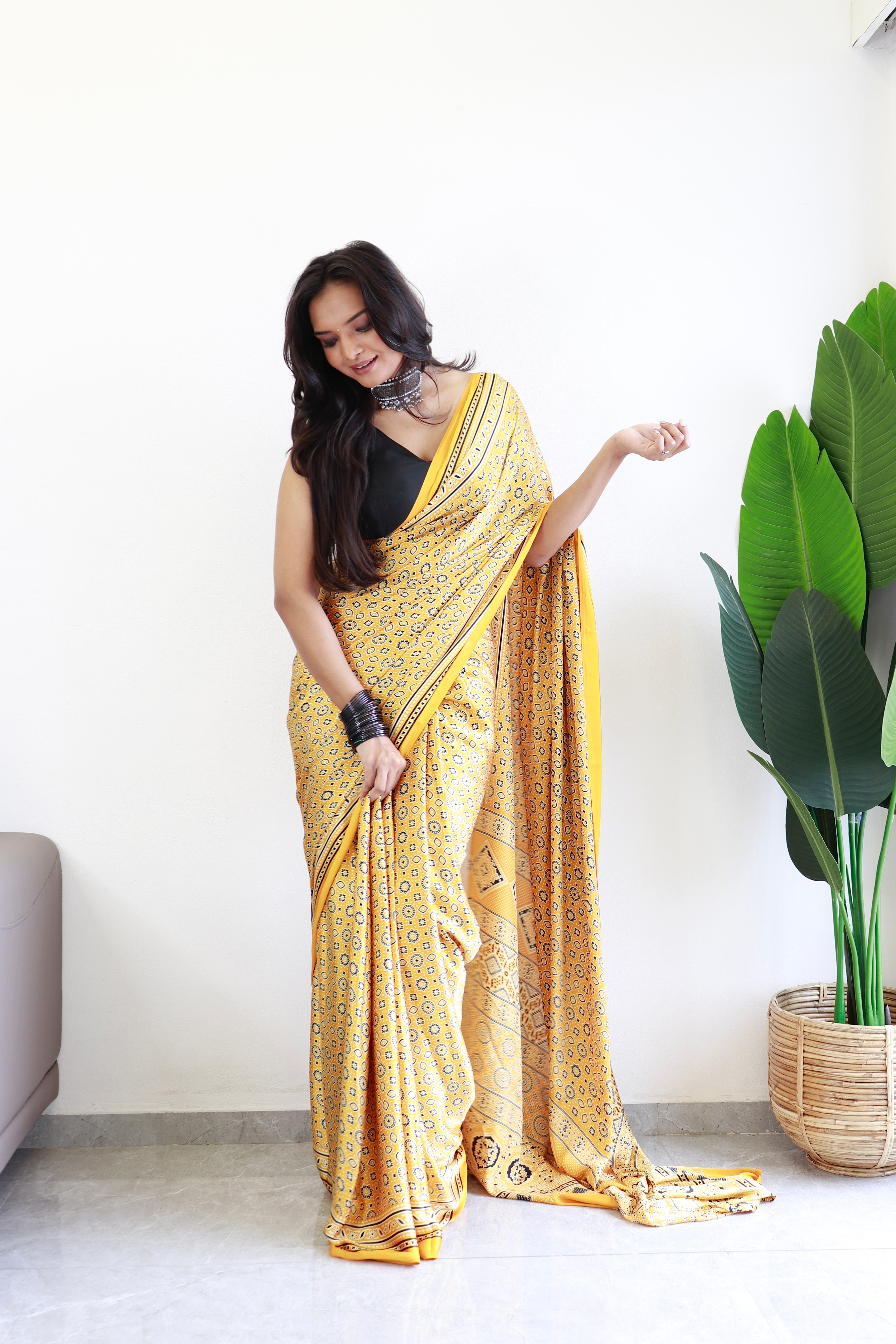 Yellow Ajrakh Printed Soft Modal Silk Natural Print Saree P1