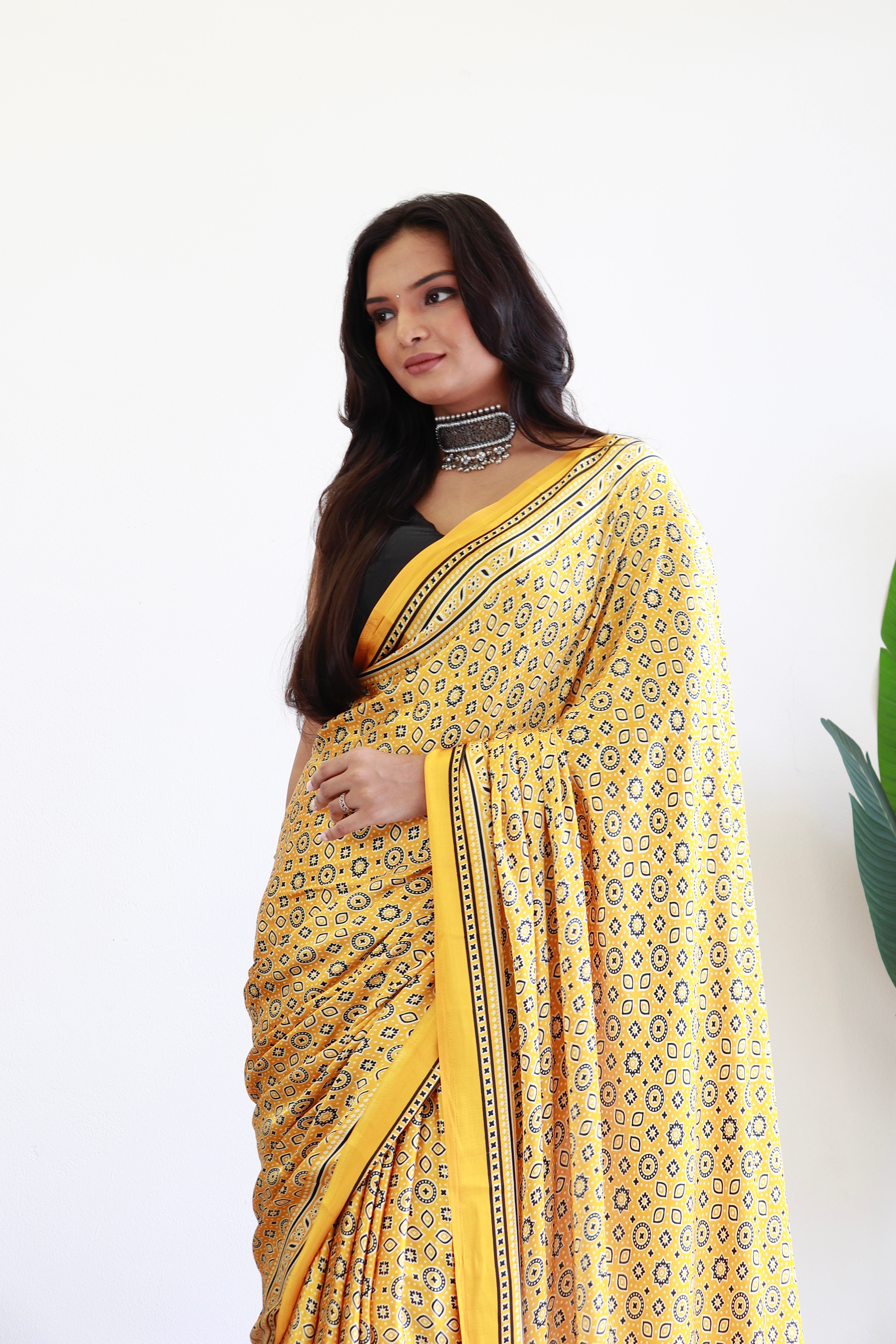 Yellow Ajrakh Printed Soft Modal Silk Natural Print Saree P1