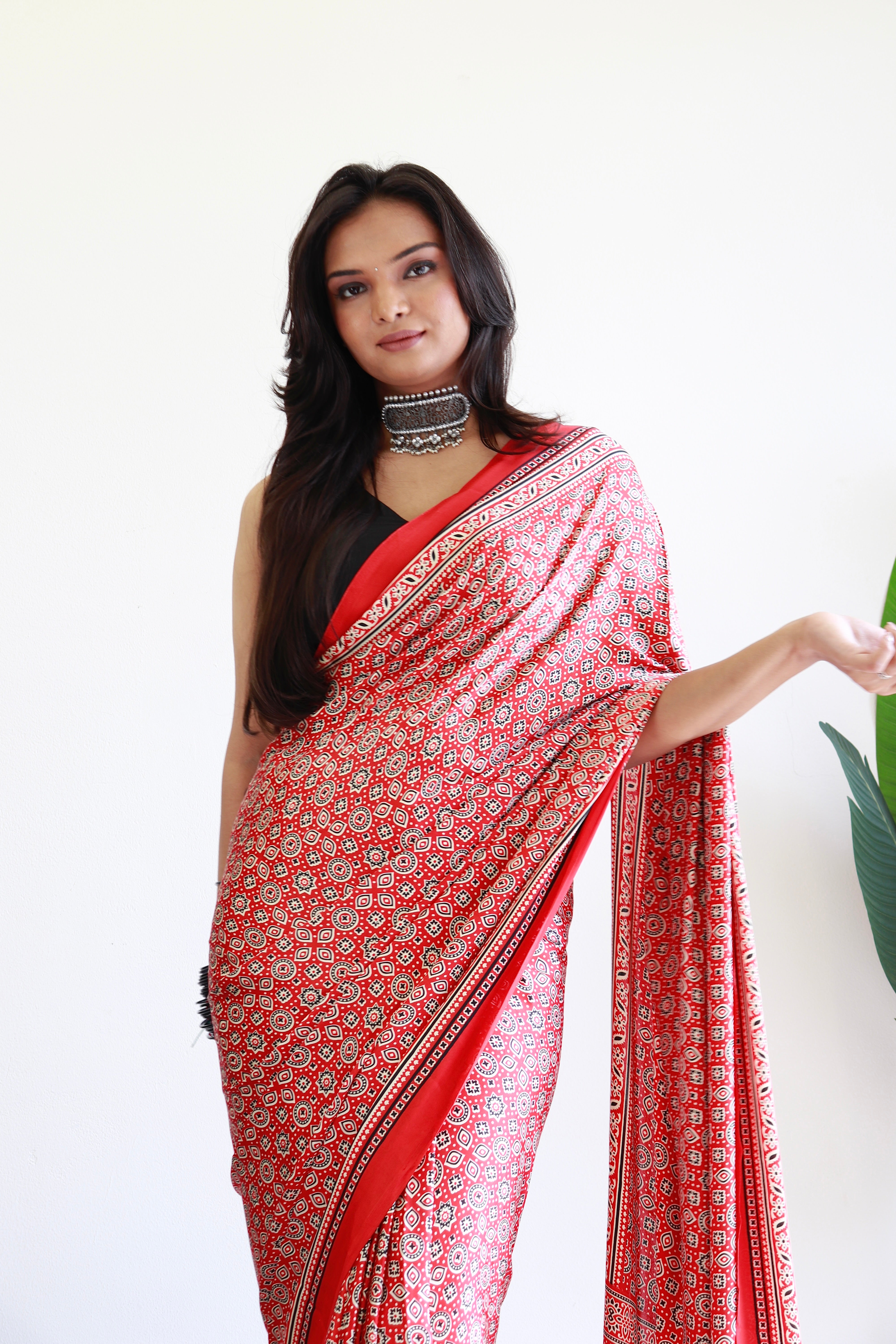 Red Ajrakh Printed Soft Modal Silk Natural Print Saree P1