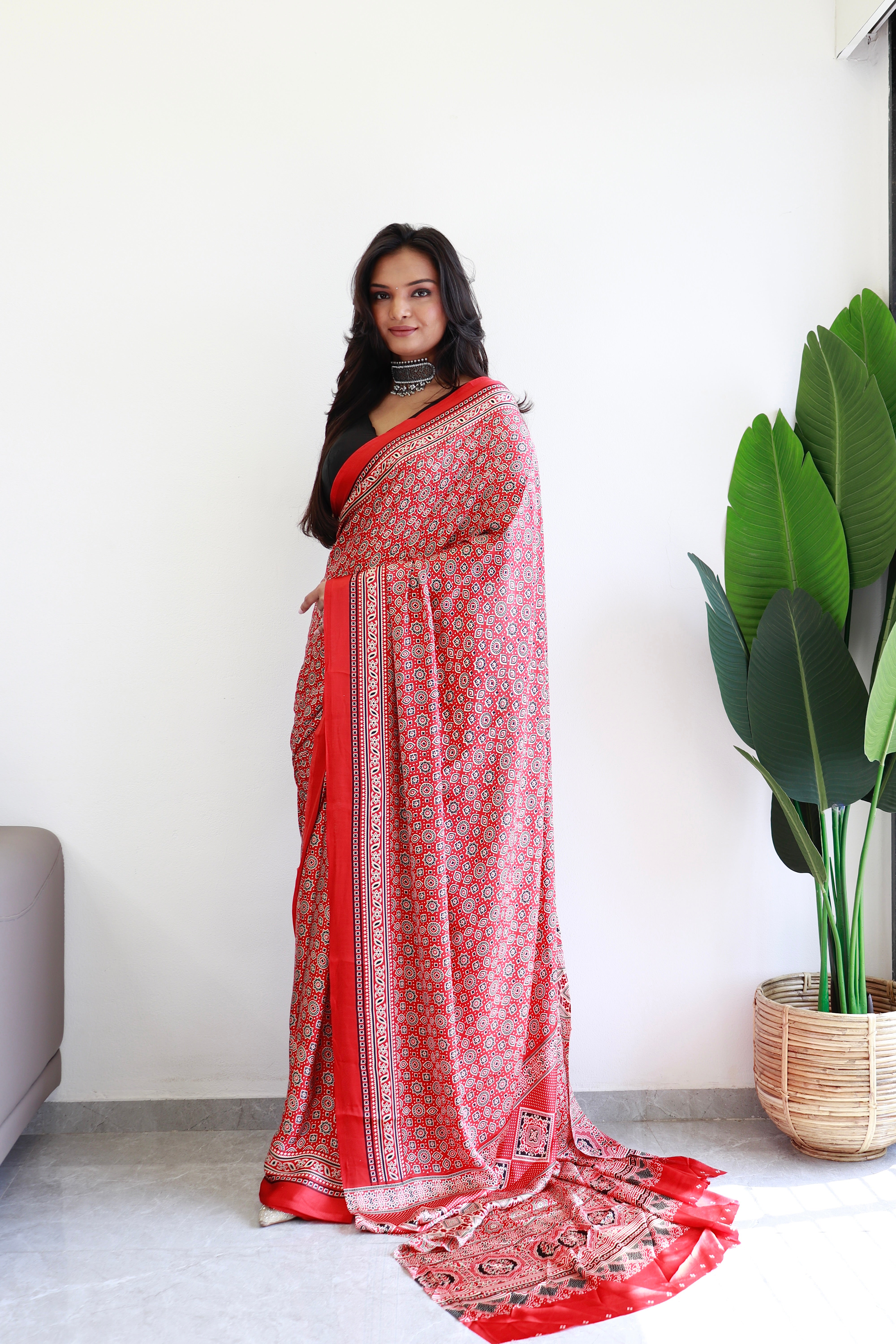 Red Ajrakh Printed Soft Modal Silk Natural Print Saree P1