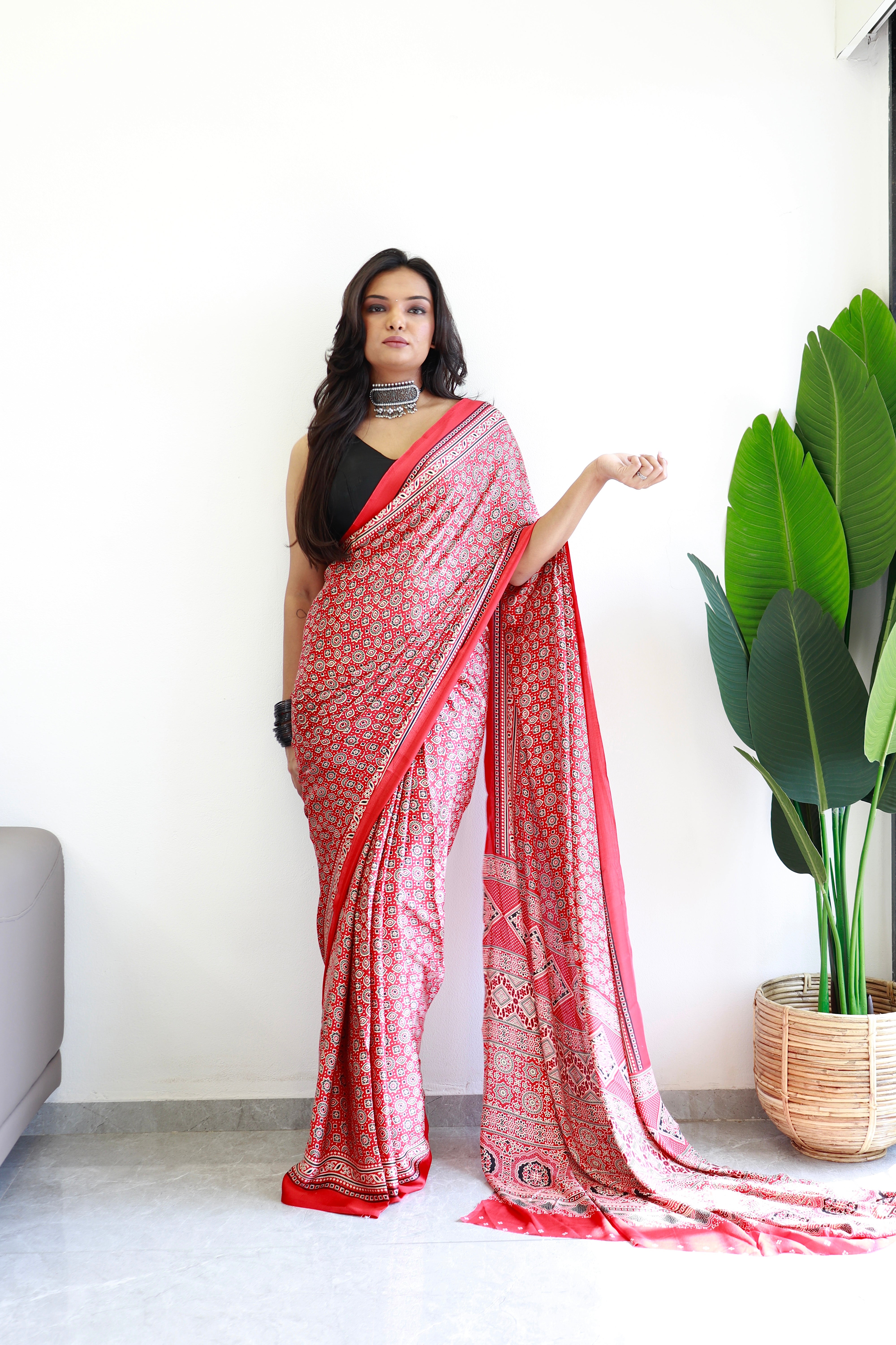 Red Ajrakh Printed Soft Modal Silk Natural Print Saree P1