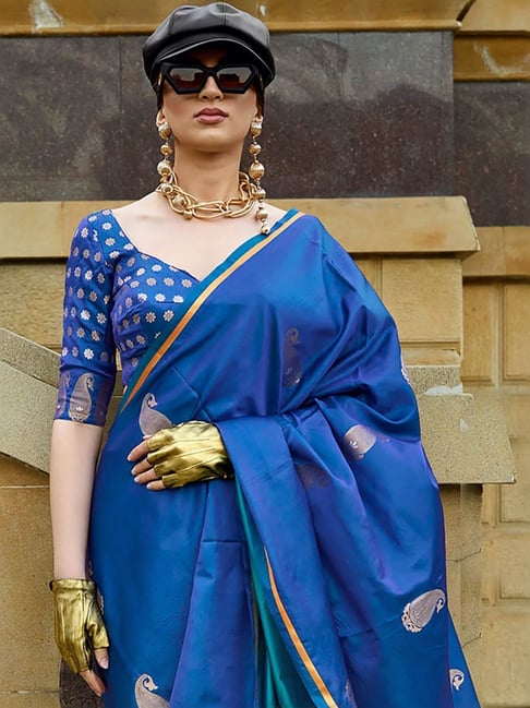 Indigo Woven Design Zari Silk Blend Banarasi Saree