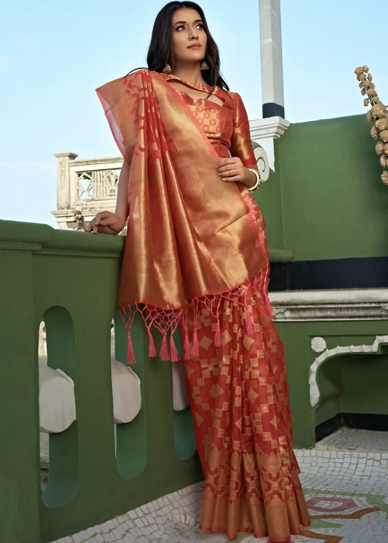 Red Organza Silk Saree With Tassel