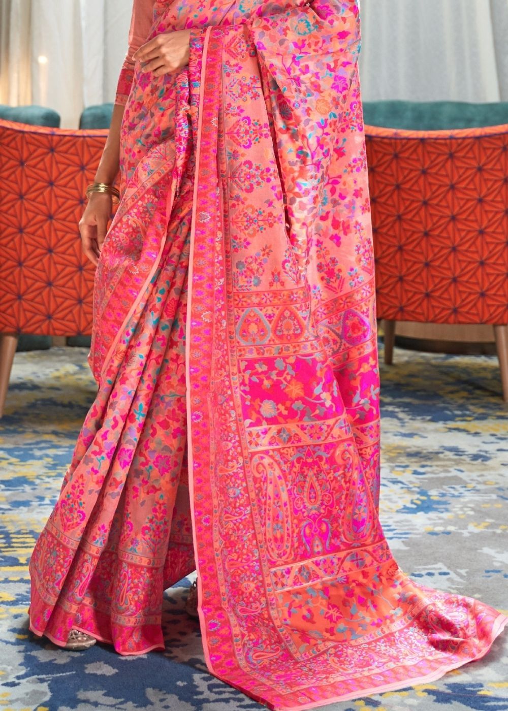 Pink Banarasi Jamawar Woven Silk Saree