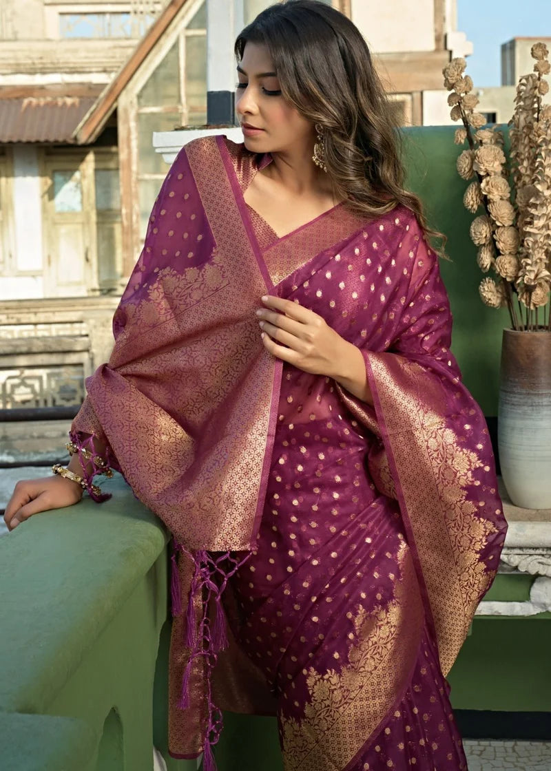 Purple Organza Silk Saree With Tassel