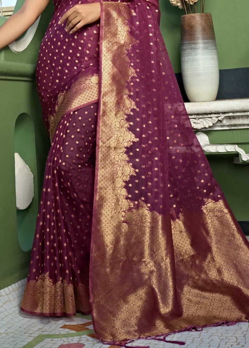 Purple Organza Silk Saree With Tassel