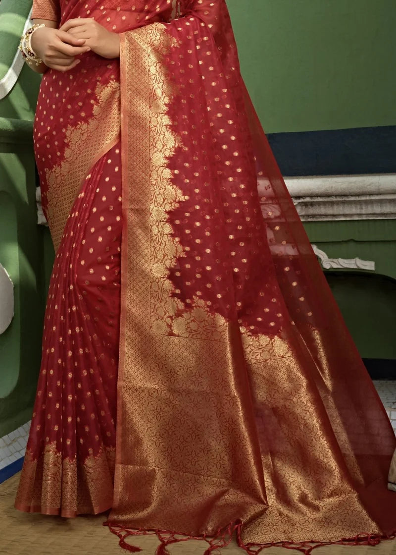 Maroon Organza Silk Saree With Tassel