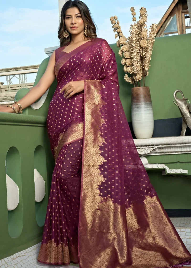 Purple Organza Silk Saree With Tassel