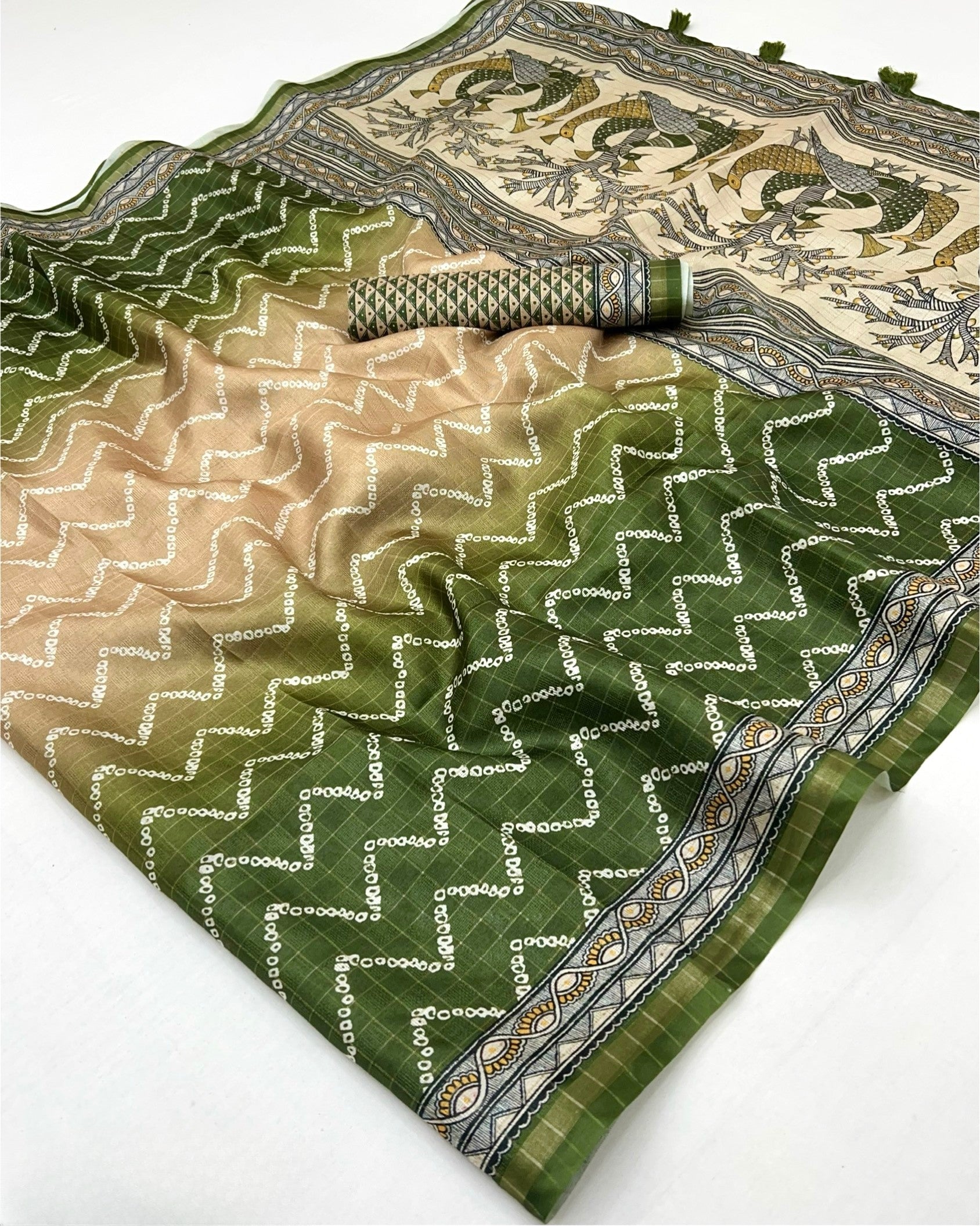Delightful Green Maheshwari Cotton Silk Saree With Digital Prints