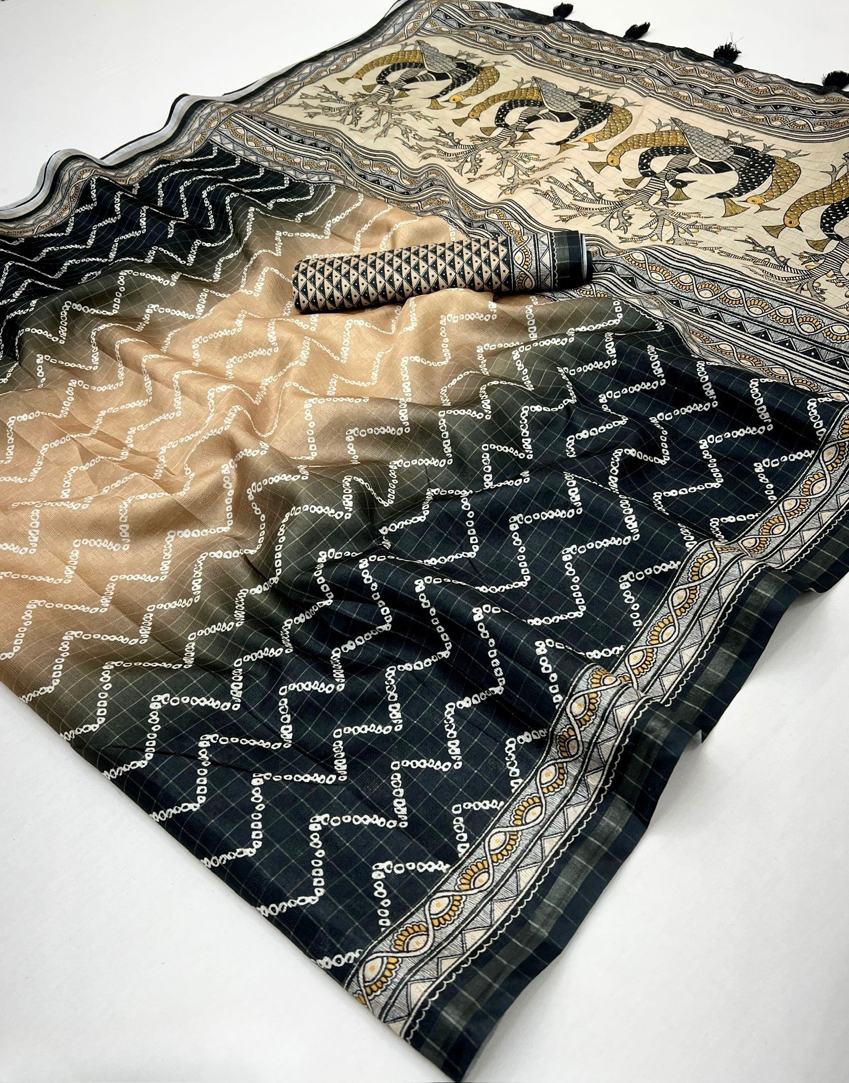 Energetic Black Maheshwari Cotton Silk Saree With Digital Prints