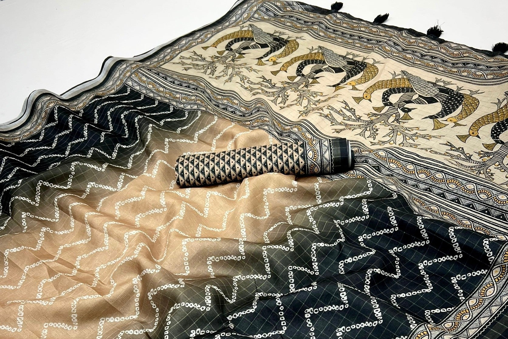 Energetic Black Maheshwari Cotton Silk Saree With Digital Prints