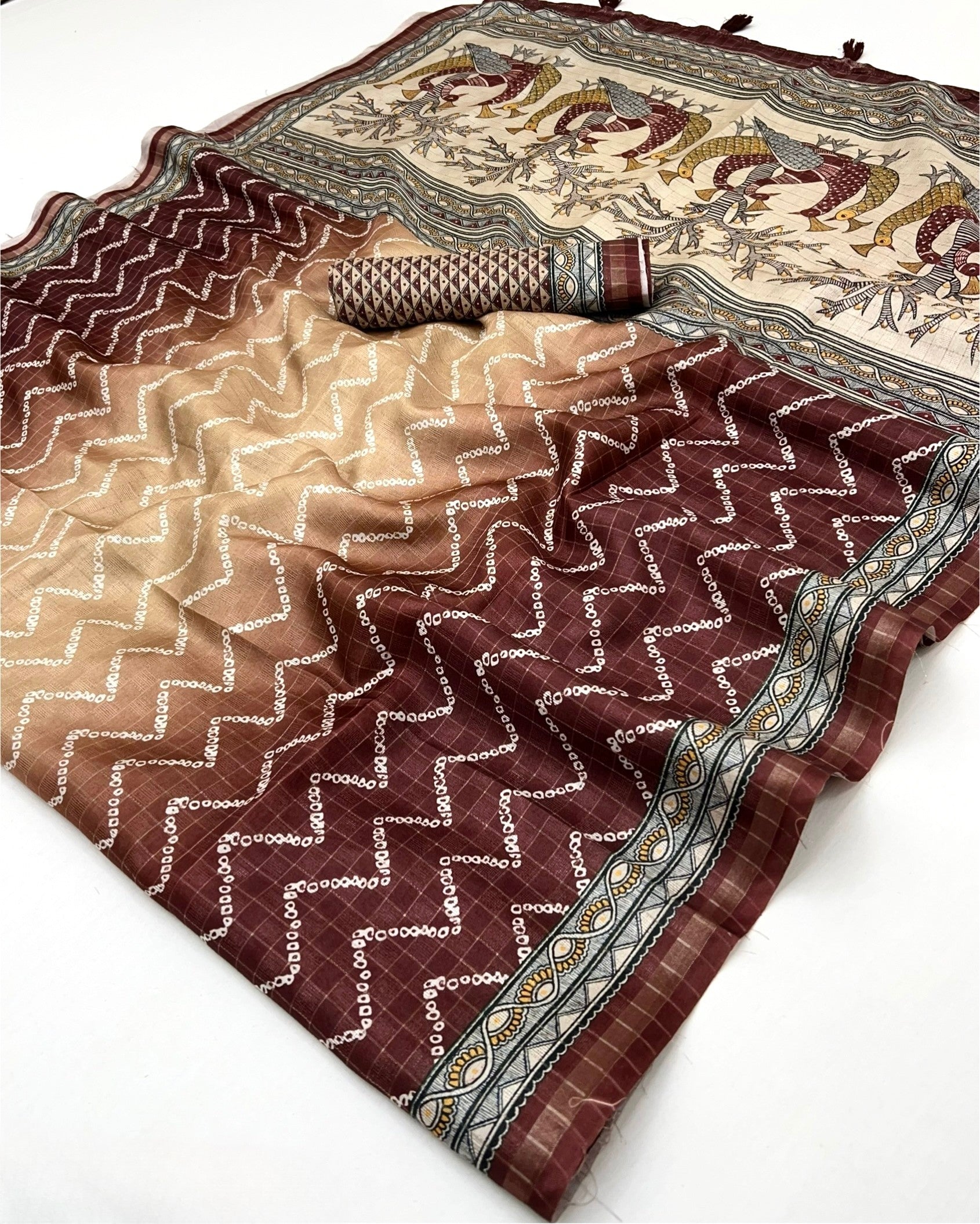 Beleaguer Maroon Maheshwari Cotton Silk Saree With Digital Prints