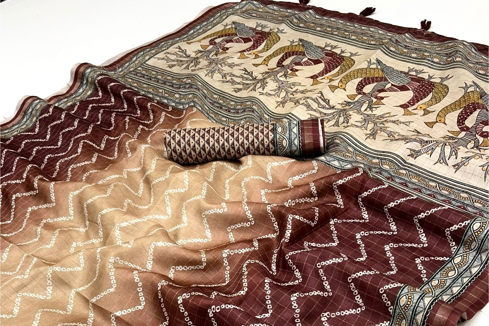 Beleaguer Maroon Maheshwari Cotton Silk Saree With Digital Prints