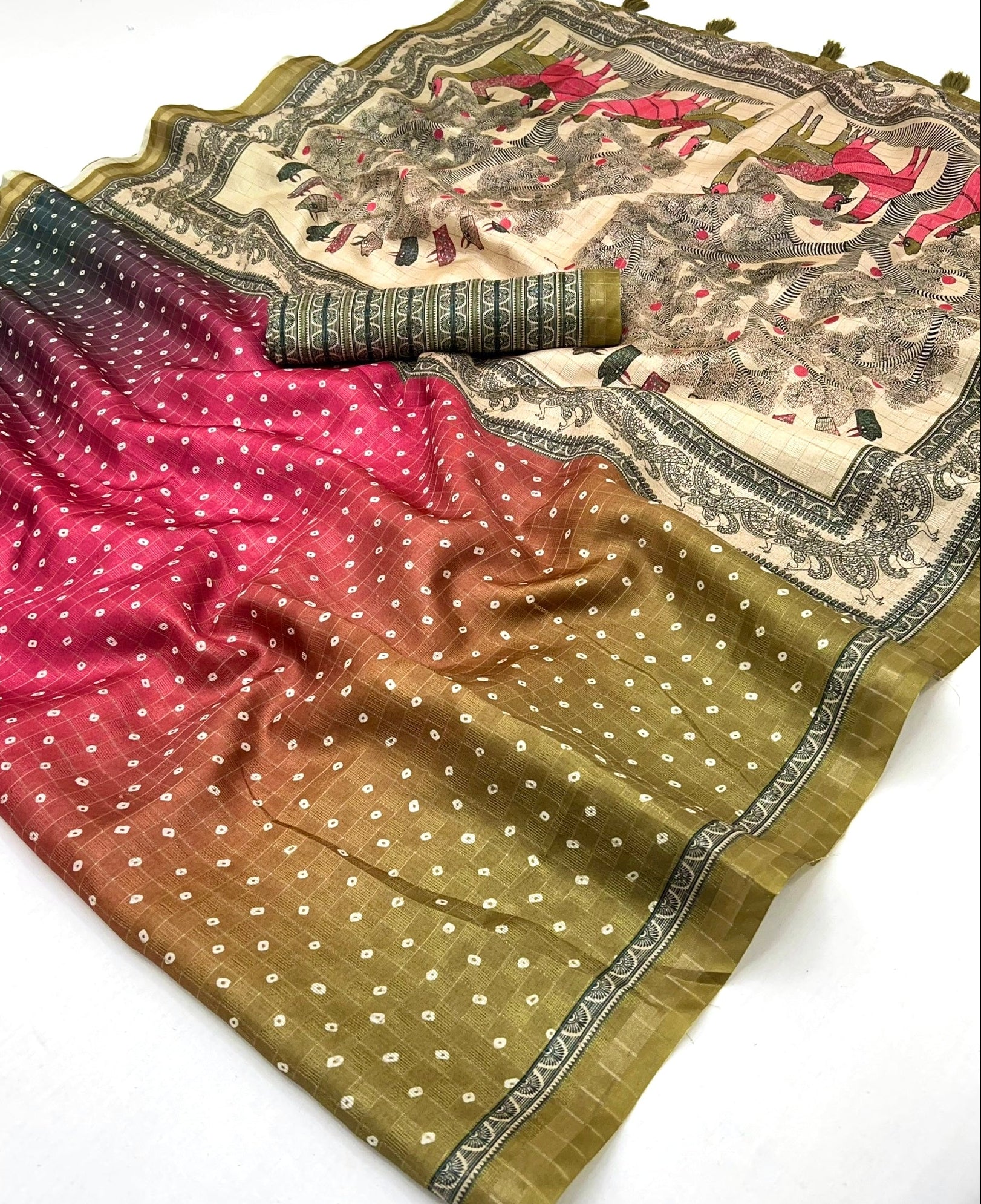 Imbrication Mahendi Maheshwari Cotton Silk Saree Featuring Classic Bandhani Prints