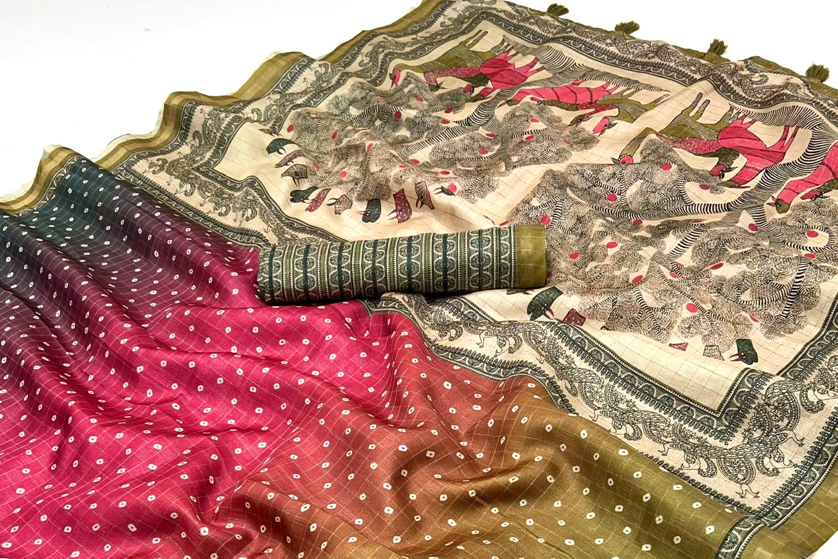 Imbrication Mahendi Maheshwari Cotton Silk Saree Featuring Classic Bandhani Prints