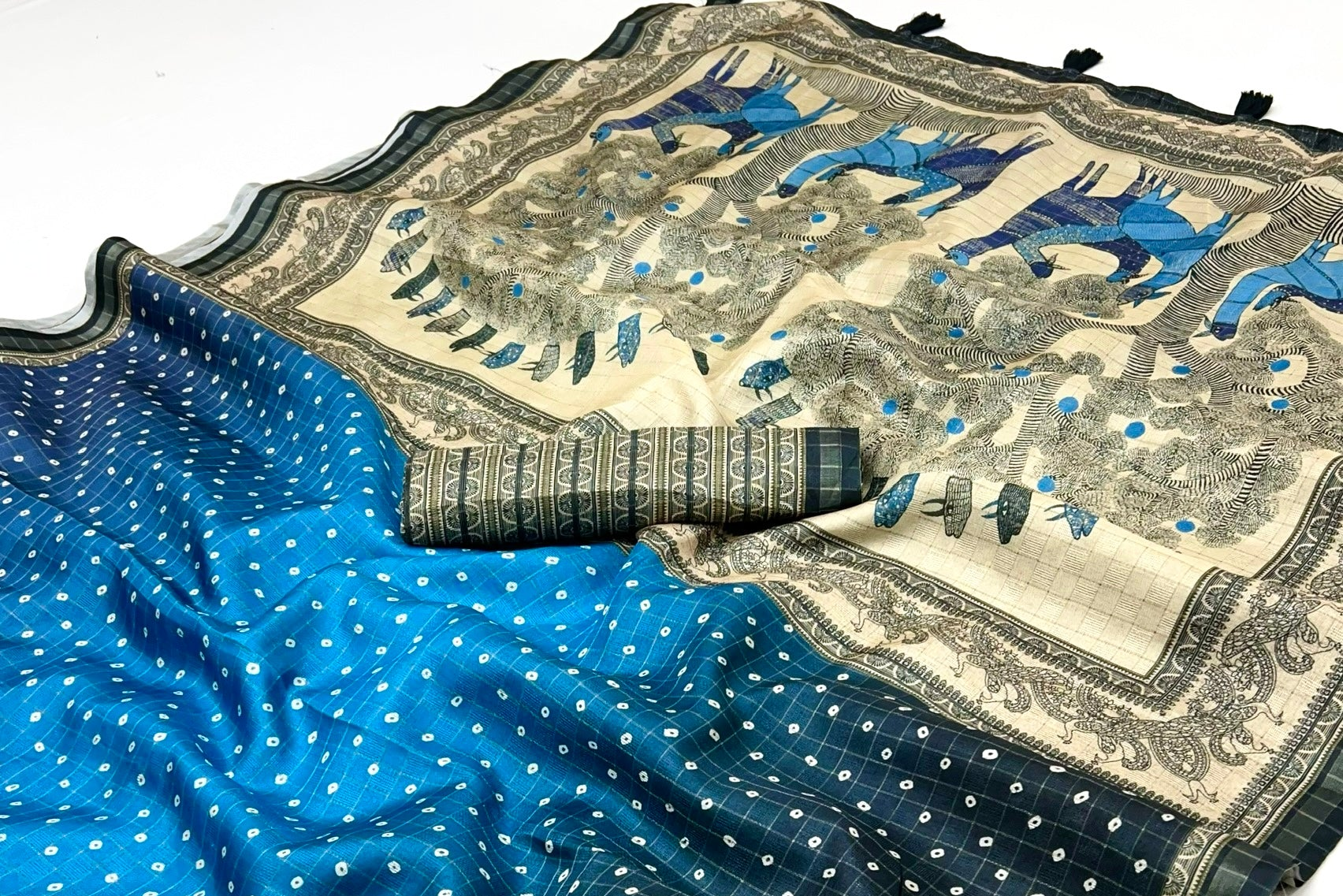 Vibrant Blue Maheshwari Cotton Silk Saree Featuring Classic Bandhani Prints