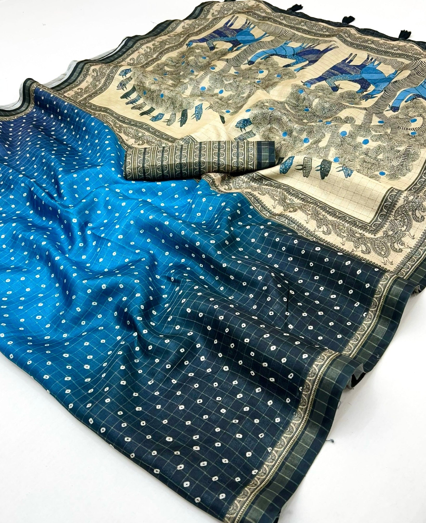 Vibrant Blue Maheshwari Cotton Silk Saree Featuring Classic Bandhani Prints