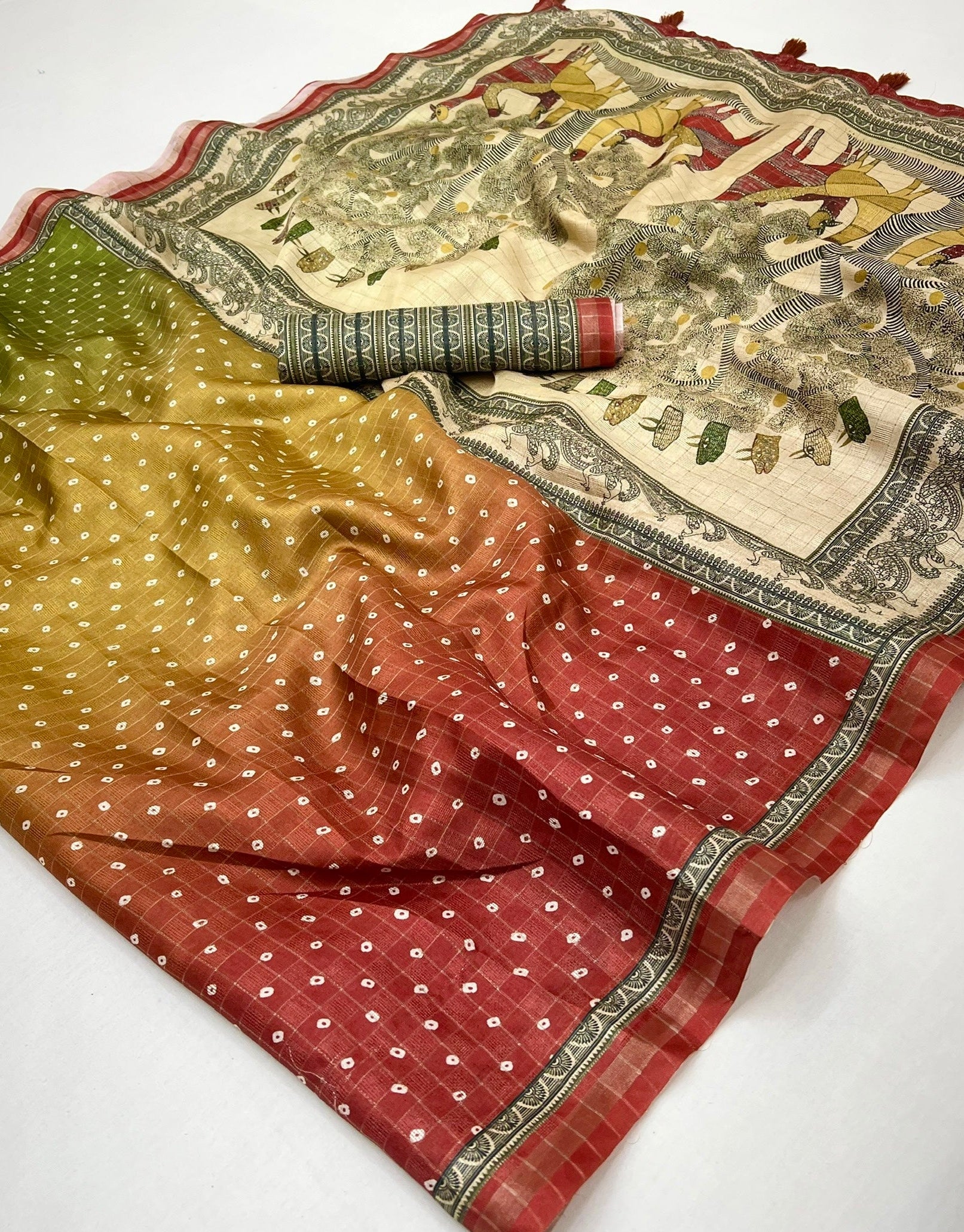 Staring Maroon Maheshwari Cotton Silk Saree Featuring Classic Bandhani Prints