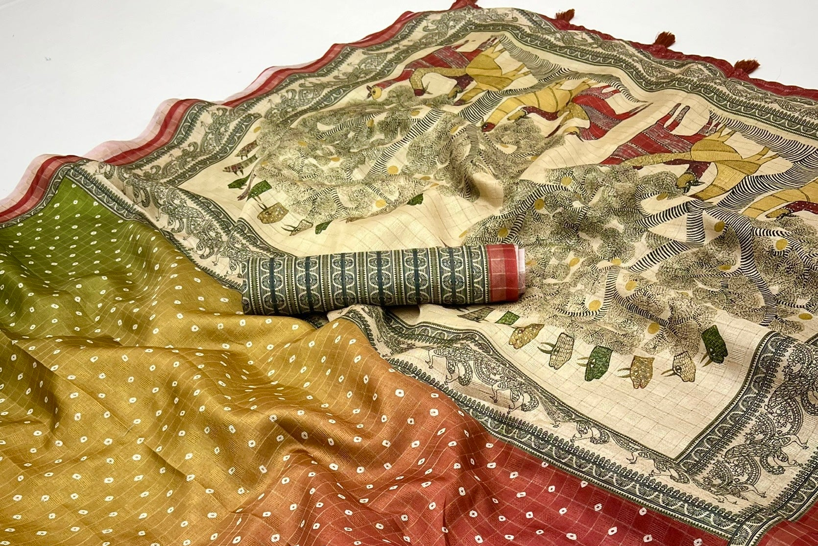 Staring Maroon Maheshwari Cotton Silk Saree Featuring Classic Bandhani Prints