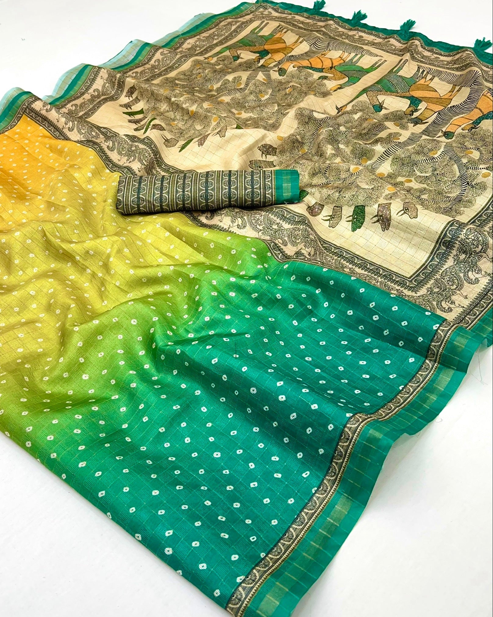 Redolent Rama Maheshwari Cotton Silk Saree Featuring Classic Bandhani Prints