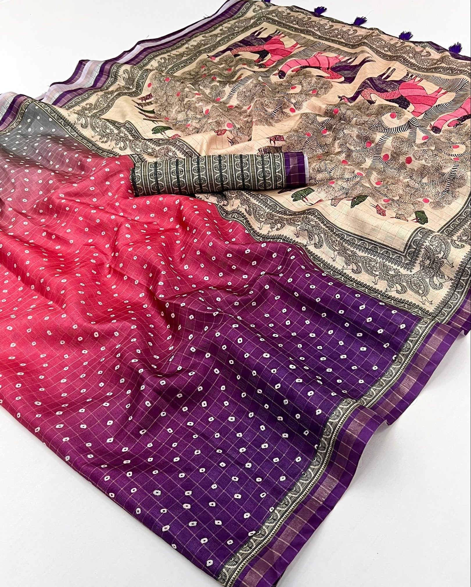 Snappy Wine Maheshwari Cotton Silk Saree Featuring Classic Bandhani Prints