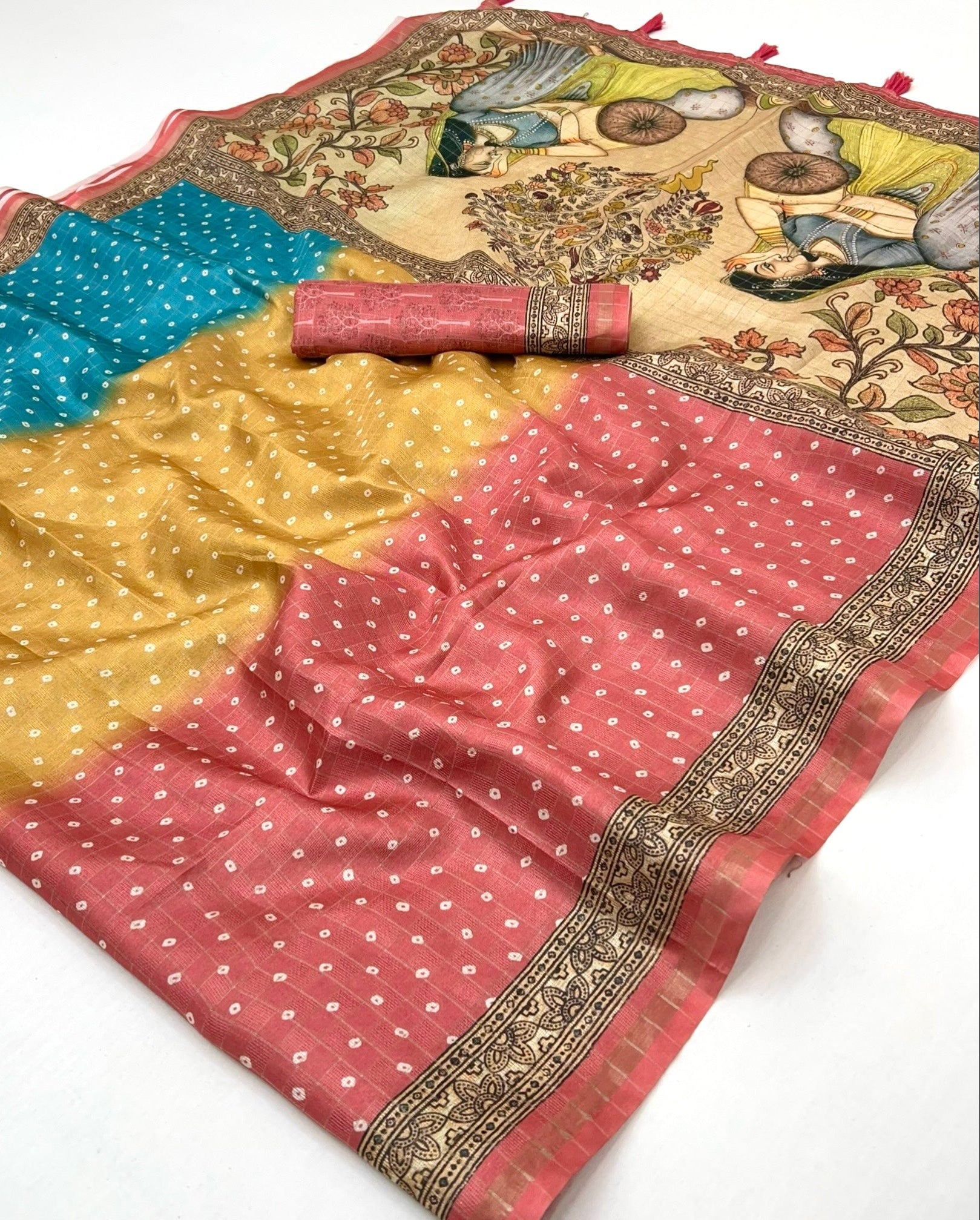 Enticing Peach Maheshwari Cotton Silk Saree With Digital Prints