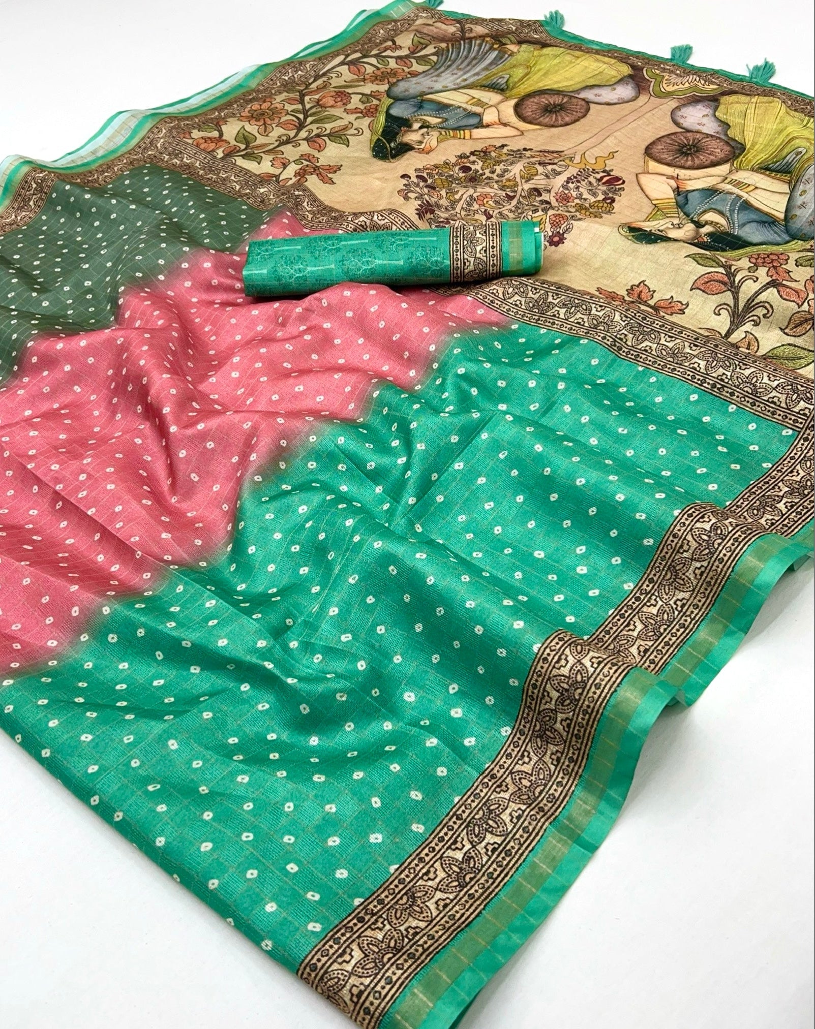 Assemblage Sea Green Maheshwari Cotton Silk Saree With Digital Prints