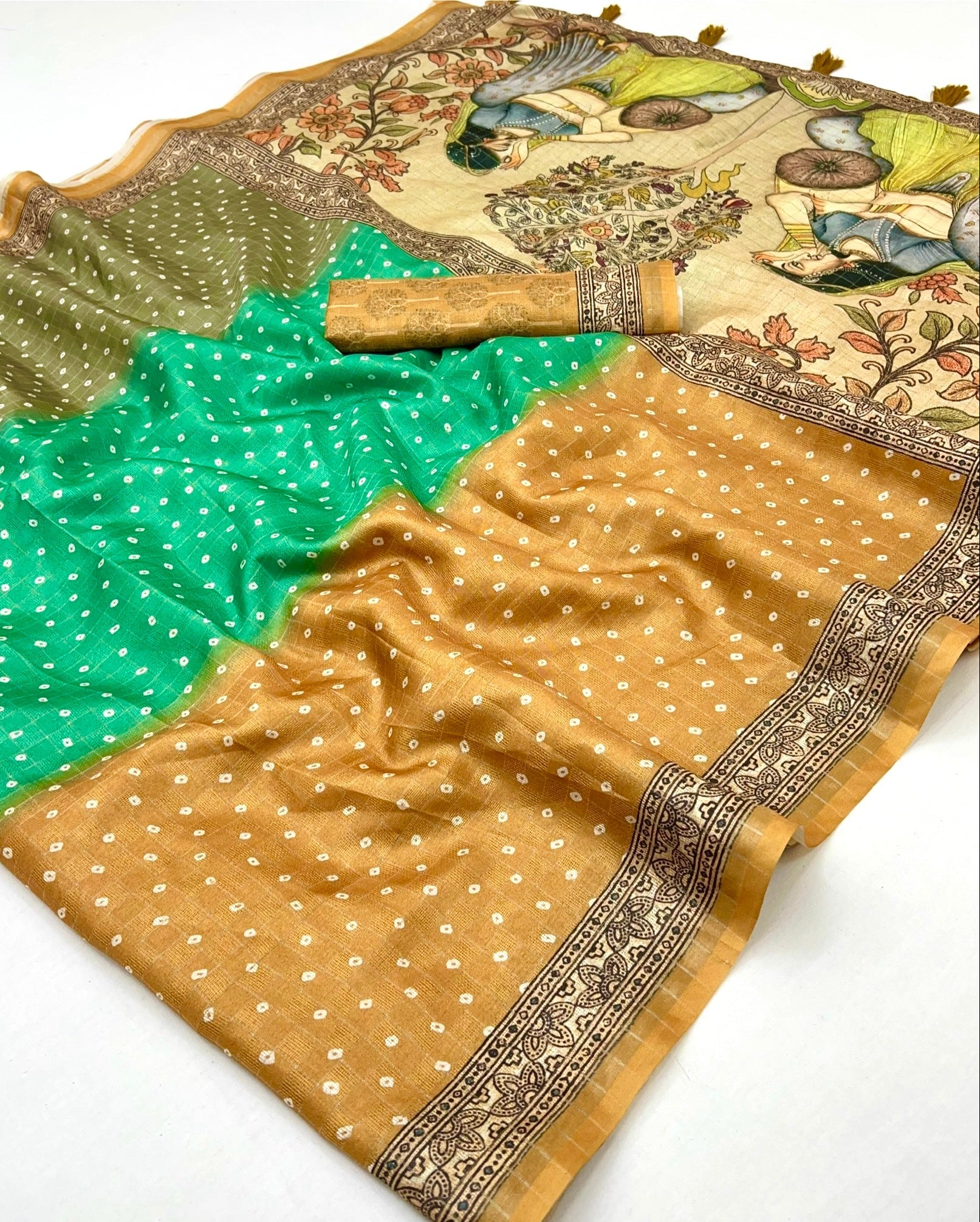 Flattering Mustard Maheshwari Cotton Silk Saree With Digital Prints