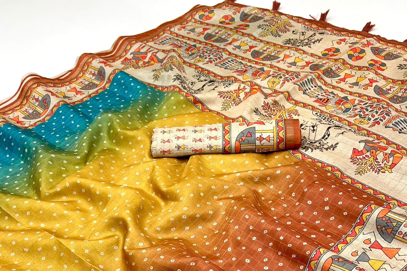 Elision Mustard Maheshwari Cotton Silk Saree Featuring Classic Bandhani Prints