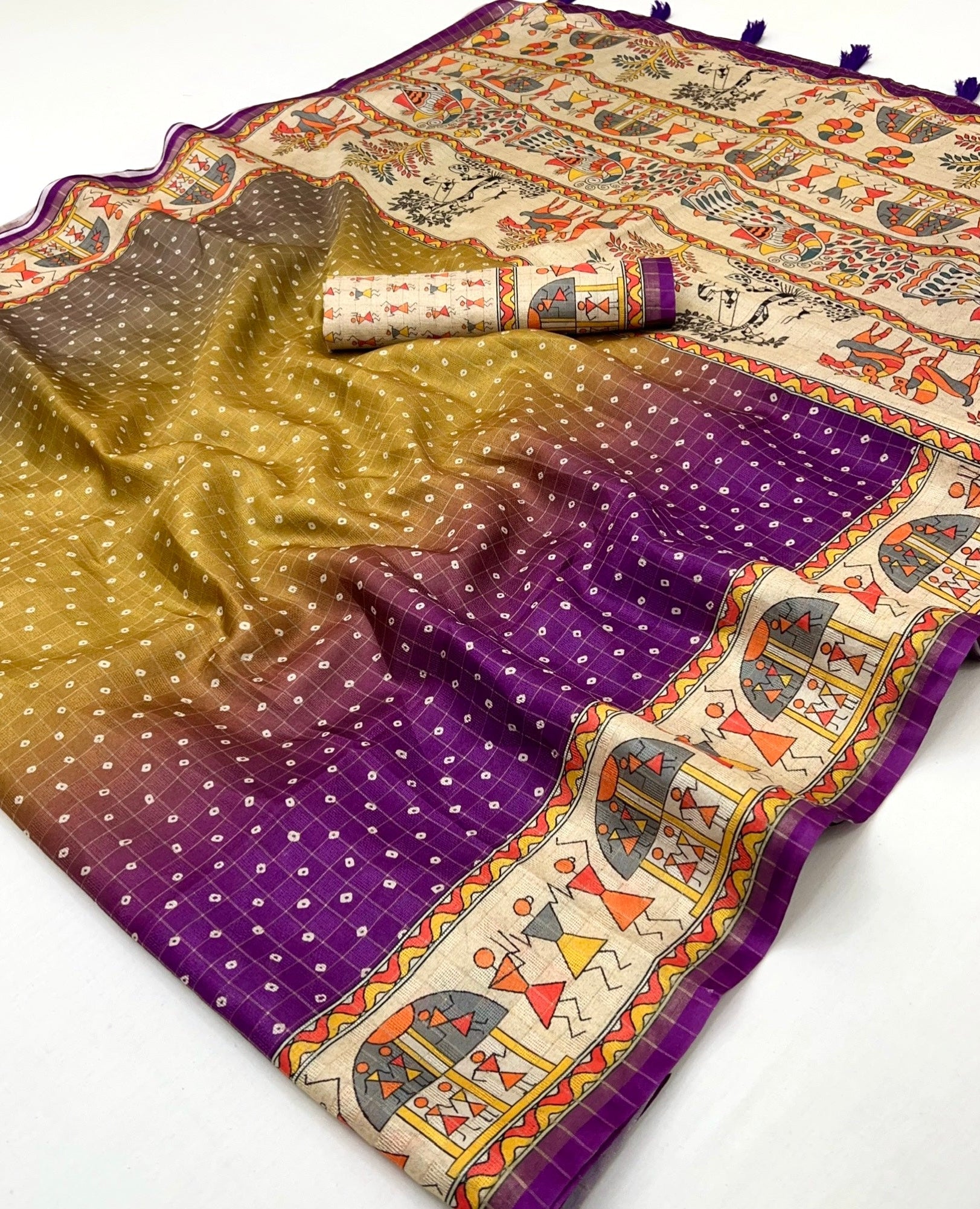 Woebegone Wine Maheshwari Cotton Silk Saree Featuring Classic Bandhani Prints