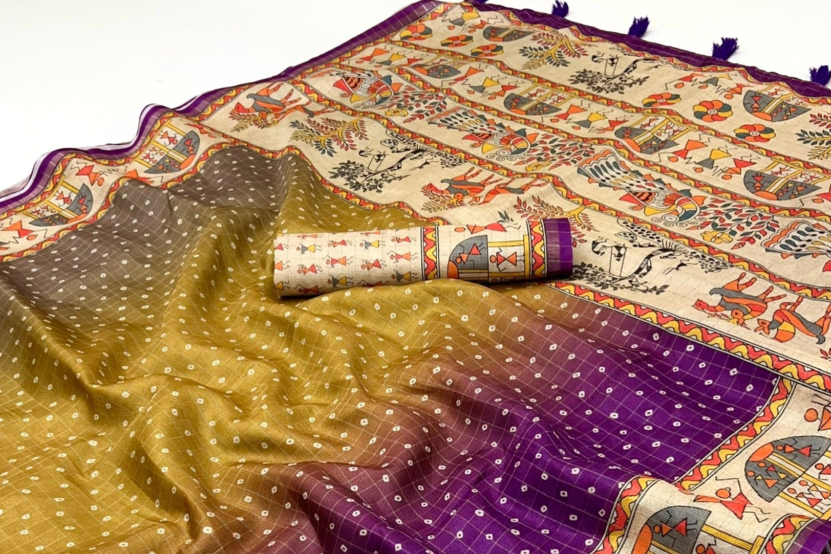 Woebegone Wine Maheshwari Cotton Silk Saree Featuring Classic Bandhani Prints