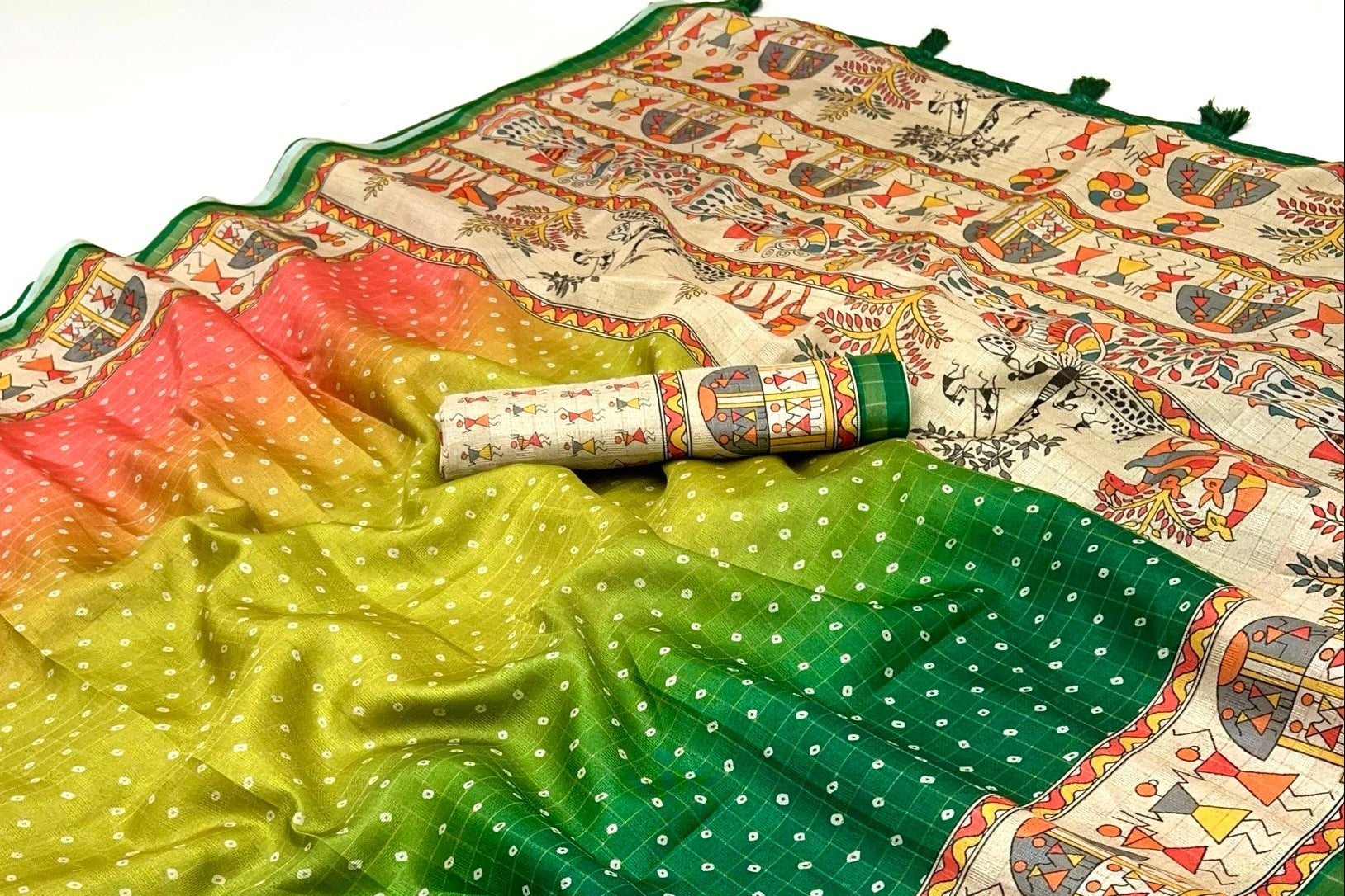 Quintessential Green Maheshwari Cotton Silk Saree Featuring Classic Bandhani Prints