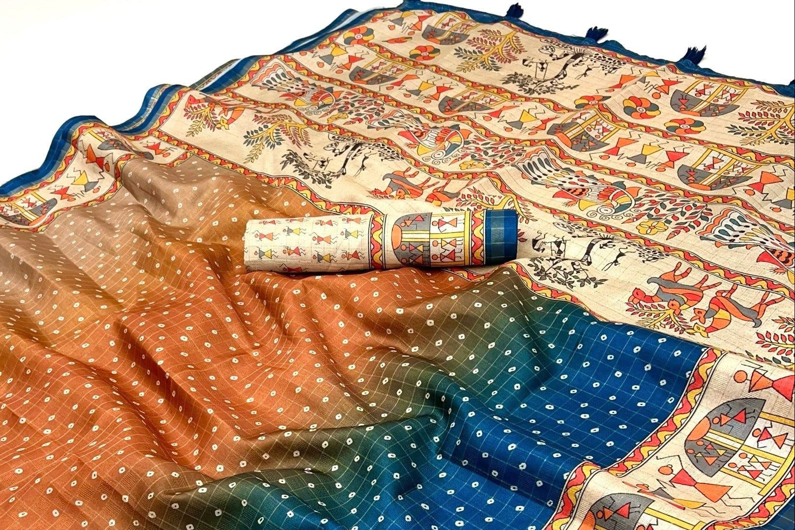 Impressive Blue Maheshwari Cotton Silk Saree Featuring Classic Bandhani Prints