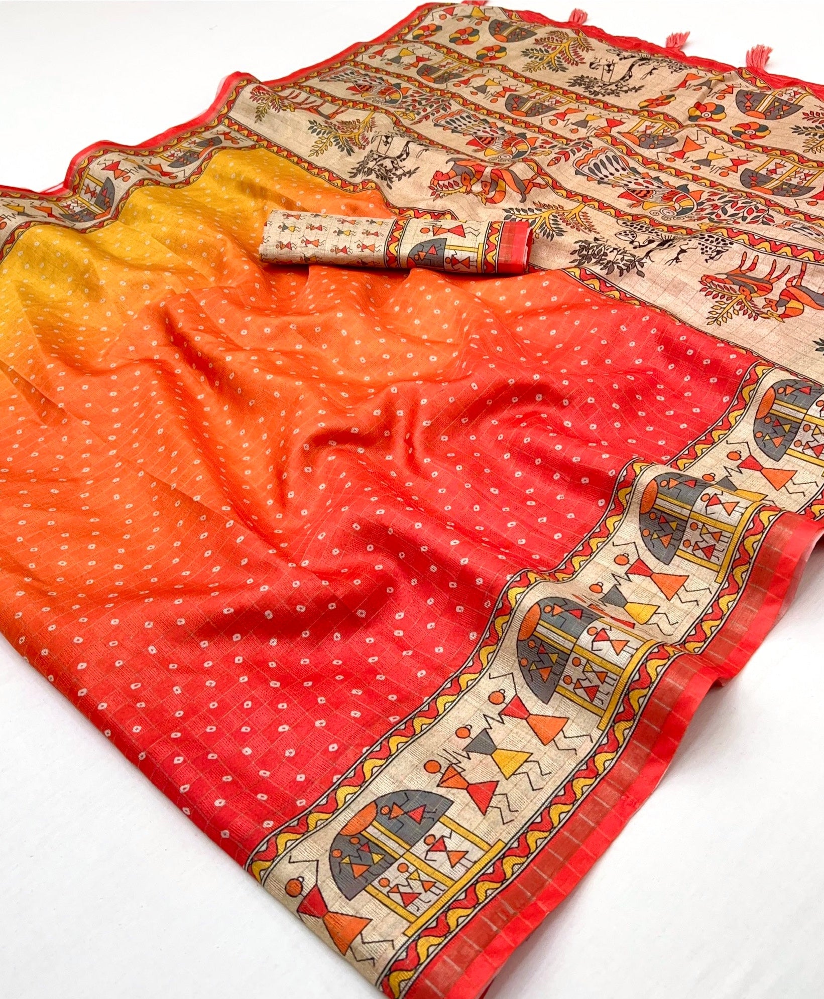 Prettiest Orange Maheshwari Cotton Silk Saree Featuring Classic Bandhani Prints