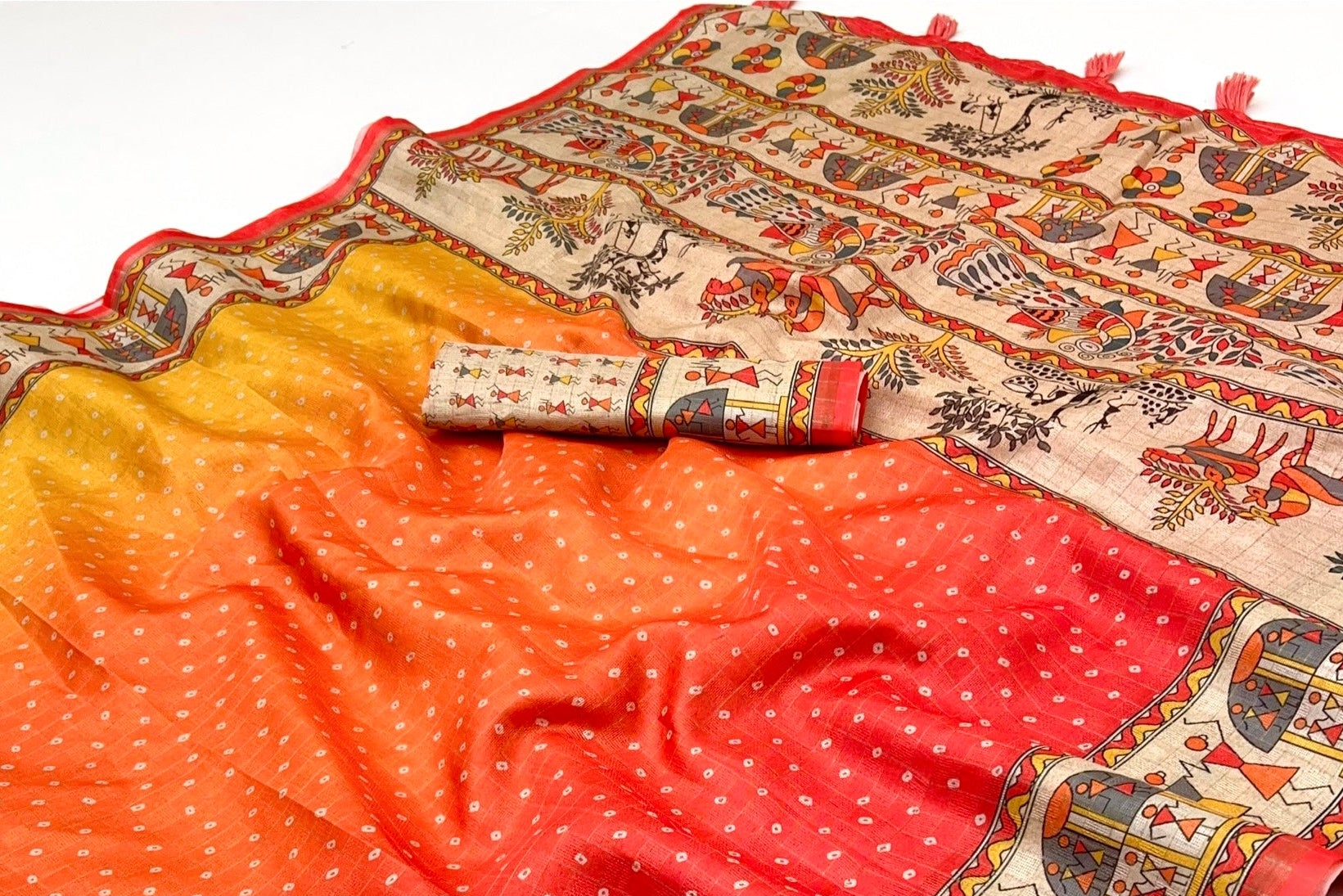 Prettiest Orange Maheshwari Cotton Silk Saree Featuring Classic Bandhani Prints